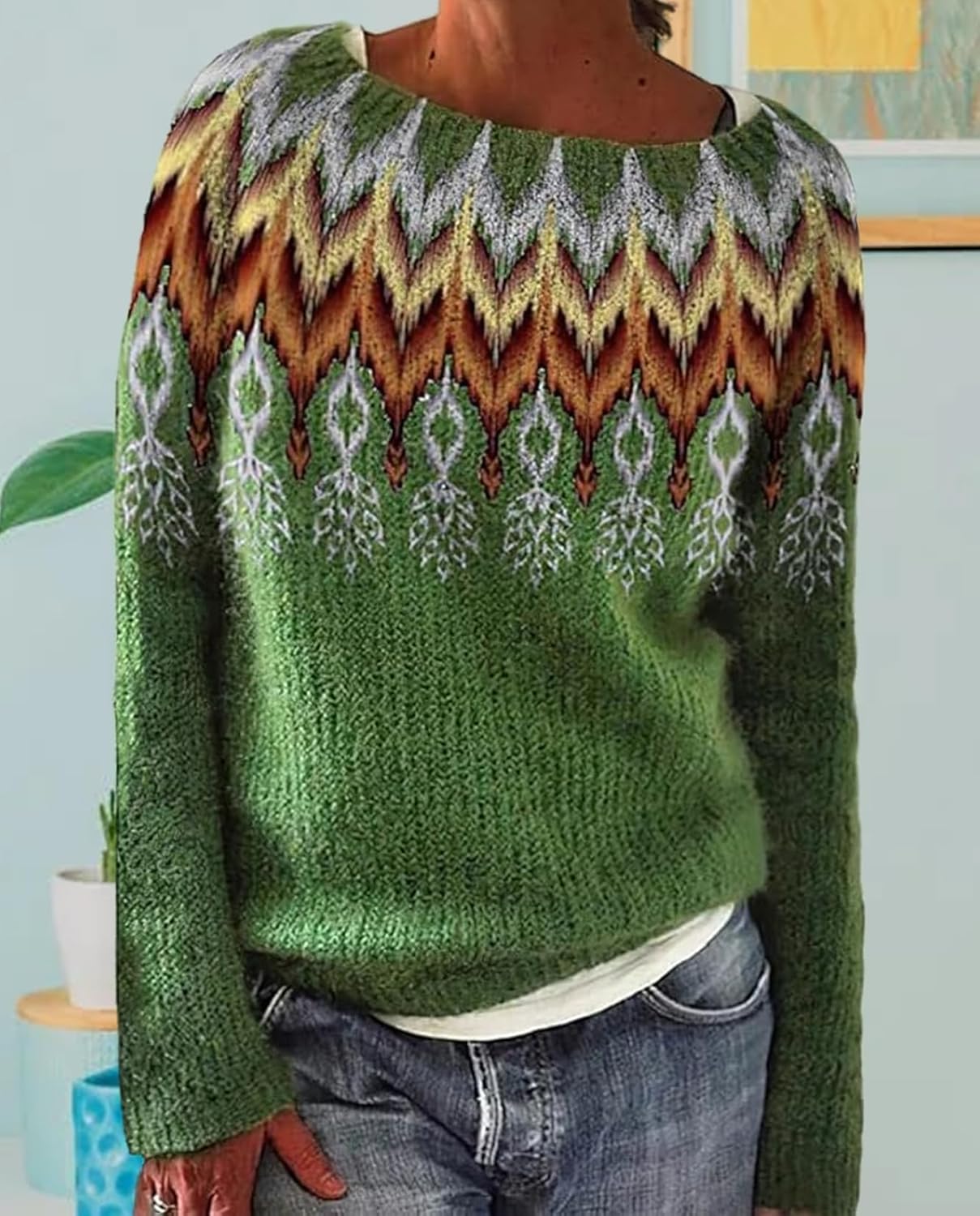 Fair Isle Sweater for Womens Winter Long Sleeve Vintage Knitted Sweater Casual Fall Crew Neck Pullover Sweaters - Image 2