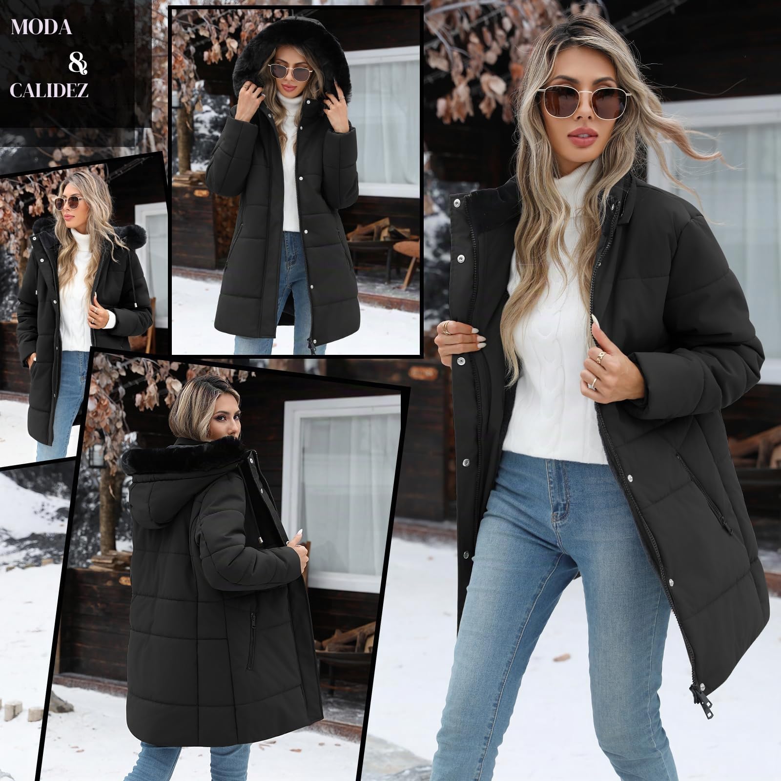 Abrigos Mujer Invierno Parkas Larga Plumifero Plumon Forro Polar Chaqueta Acolchada con Cremallera Sudadera con Capucha Desmontable de Piel Artificial para Deportes al Aire Libre