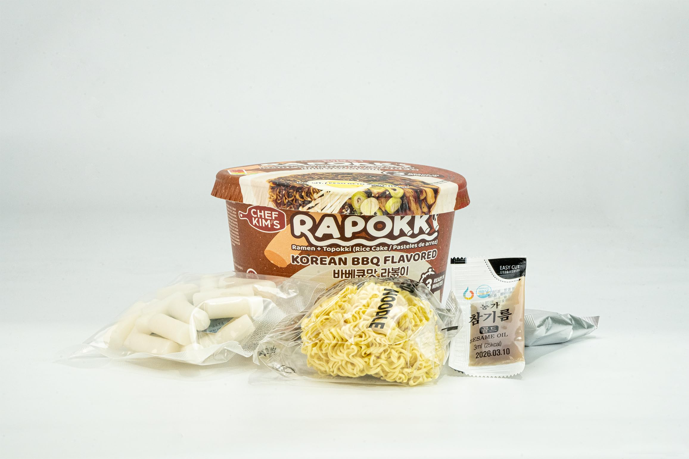 Chef Kim's Rapokki, Ramen + Topokki (Rice Cake), Korean Street food Ramen Noodle Topokki Rice Cake - Quick & Easy to Prepare. (6 Bowls, Korean BBQ Flavored)