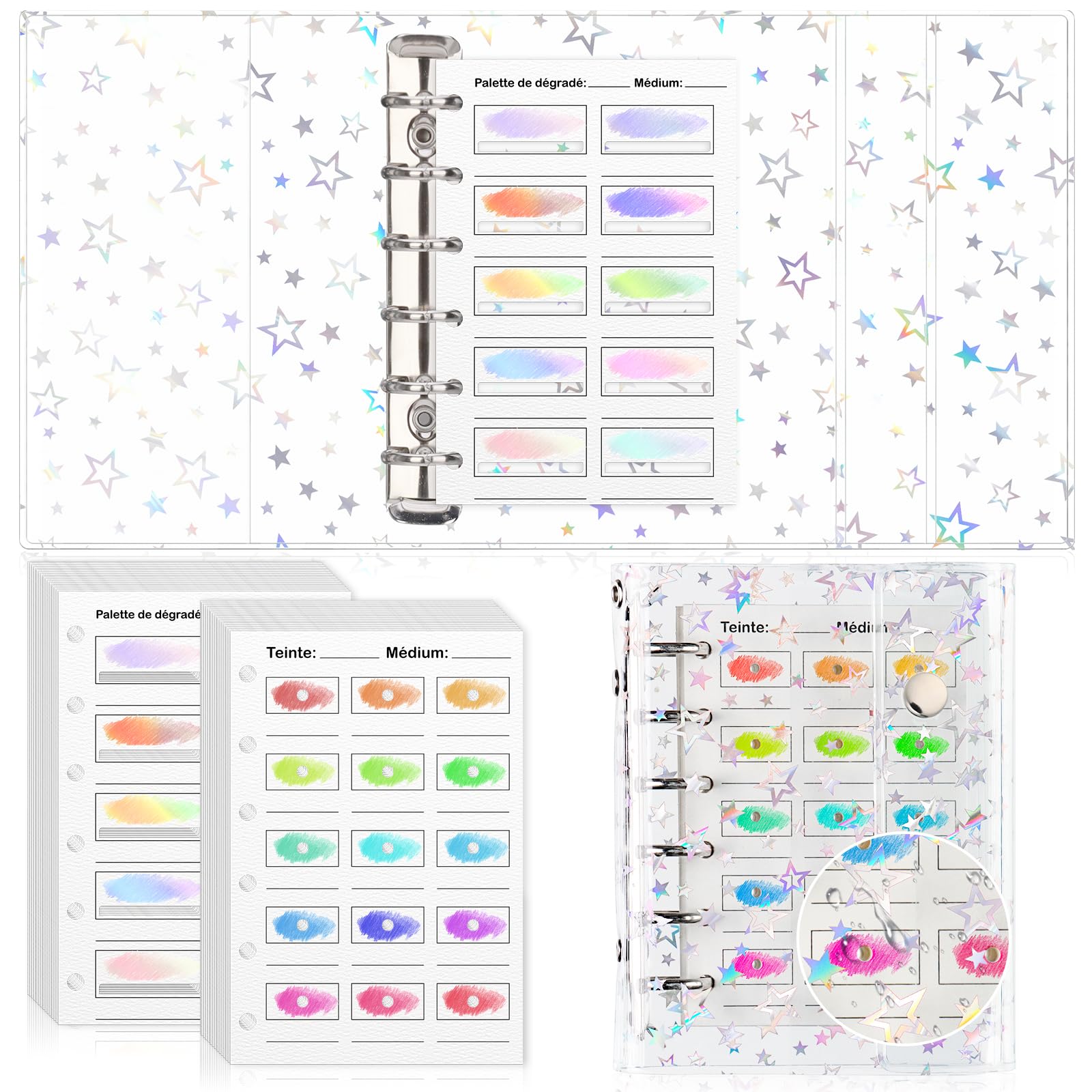 Campione da colorare con foro 50 fogli mobili A7 8,1 x 12 cm fori tondi e quadrati, colore da colorare, custodia in PVC, anello 300 g/㎡Anello stampa unilaterale, adatto ai feltri