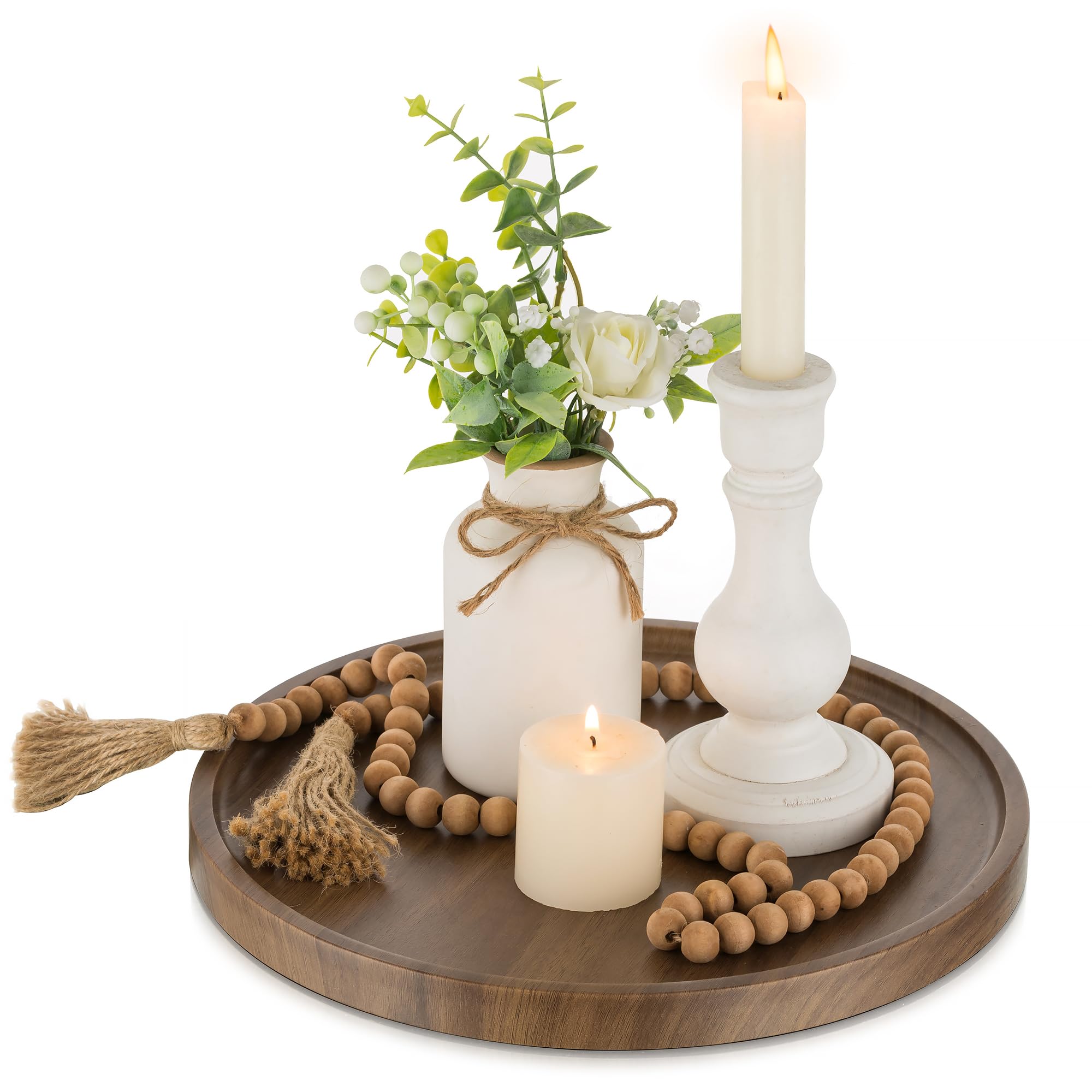 View 1 of Hanobe Round Wood Decorative Tray: Walnut Wooden Coffee Table Tray 12" Centerpiece Circle Small Ottoman Serving Trays for Living Room Kitchen Counter Home Decor 11.81"
