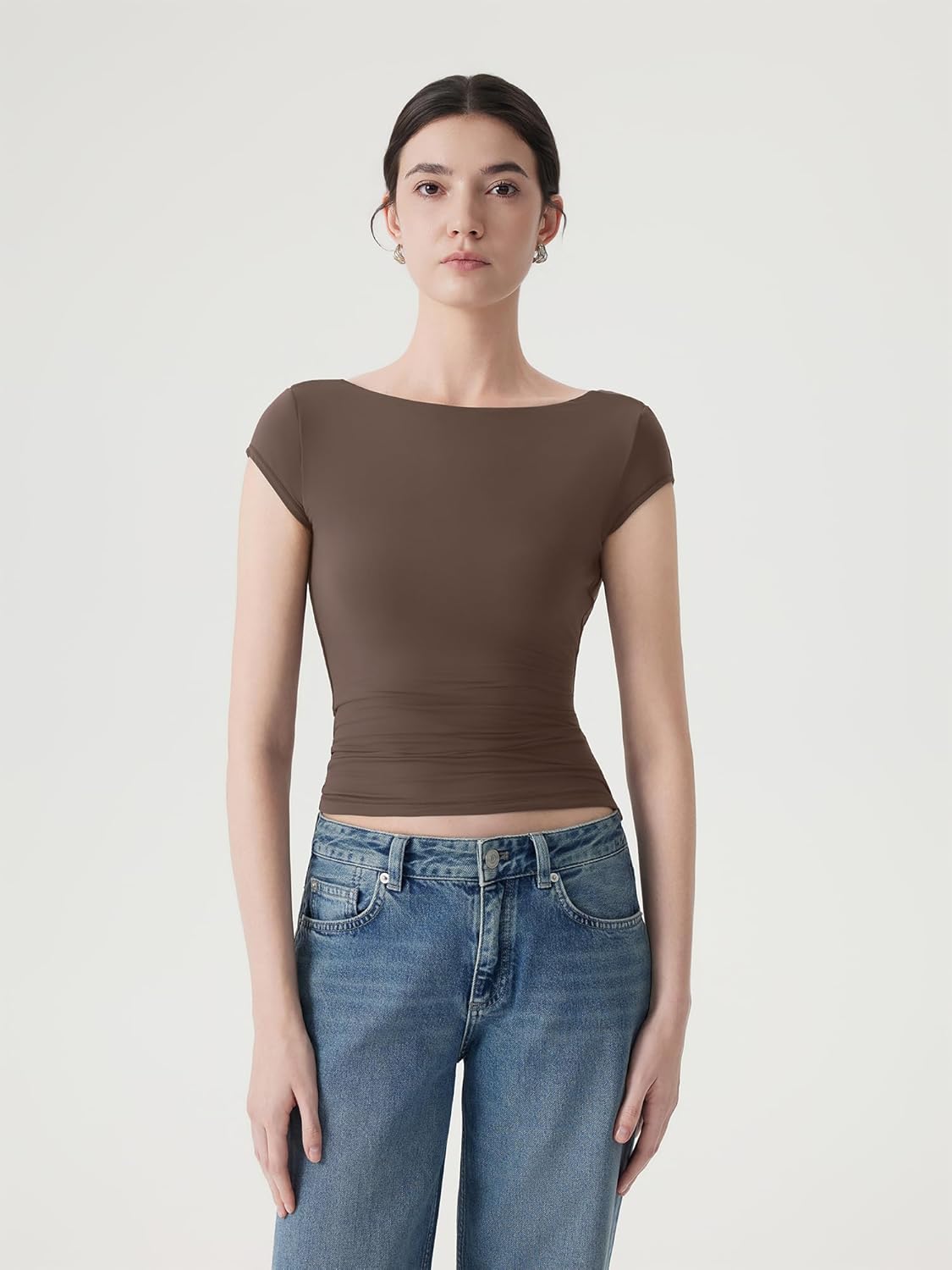 SUUKSESS Women Boat Neck Cowl Backless Top with Built in Bra Double Lined Cap Sleeve Tops Summer Going Out Shirts - Image 6