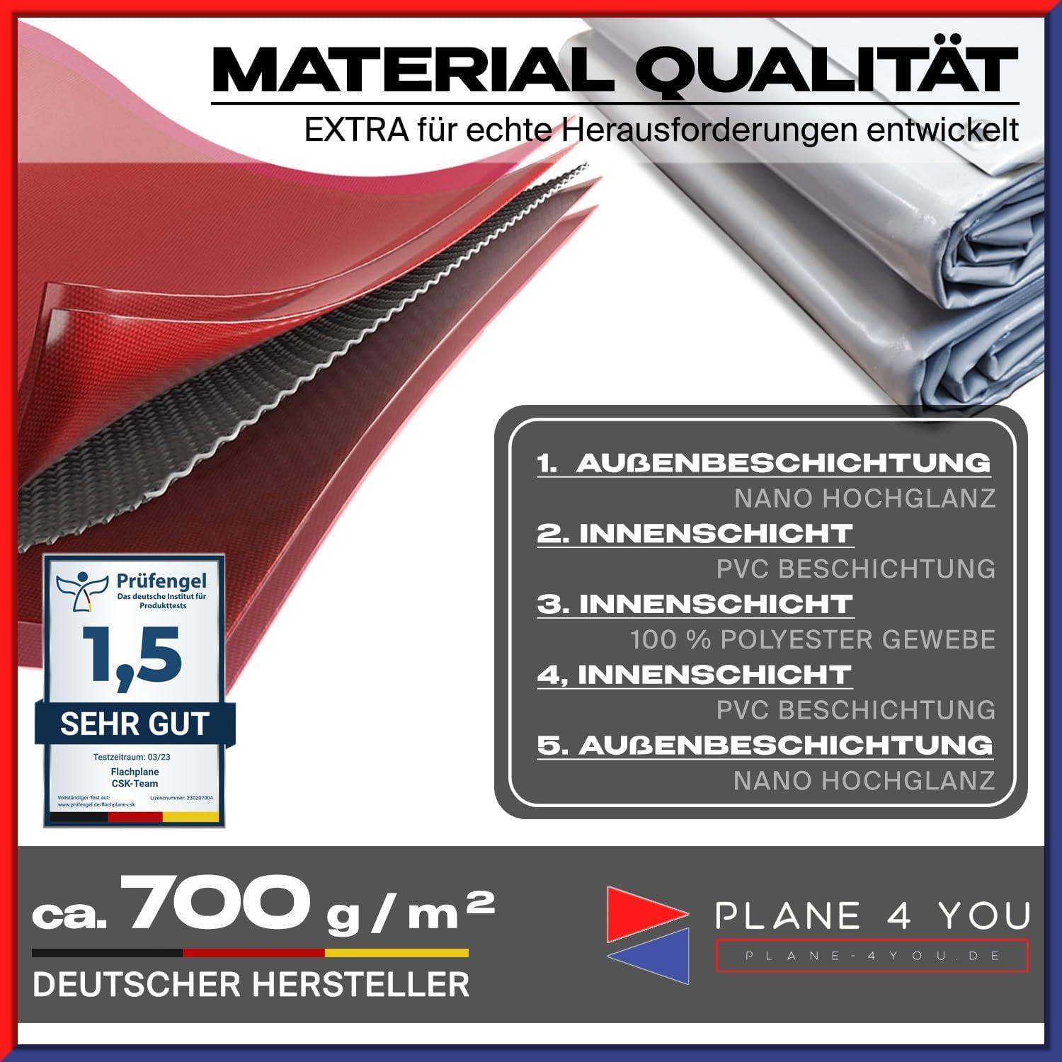 Abdeckplane nach Maß I Breite bis 2,40 m x Länge bis 17m I mit Ösen Ø 10mm und Abstand je 25cm I PVC LKW Plane in 15 Farben auf Wunschmaß I Gewebeplane I Sonnensegel I Tarp I mit Randverstärkung