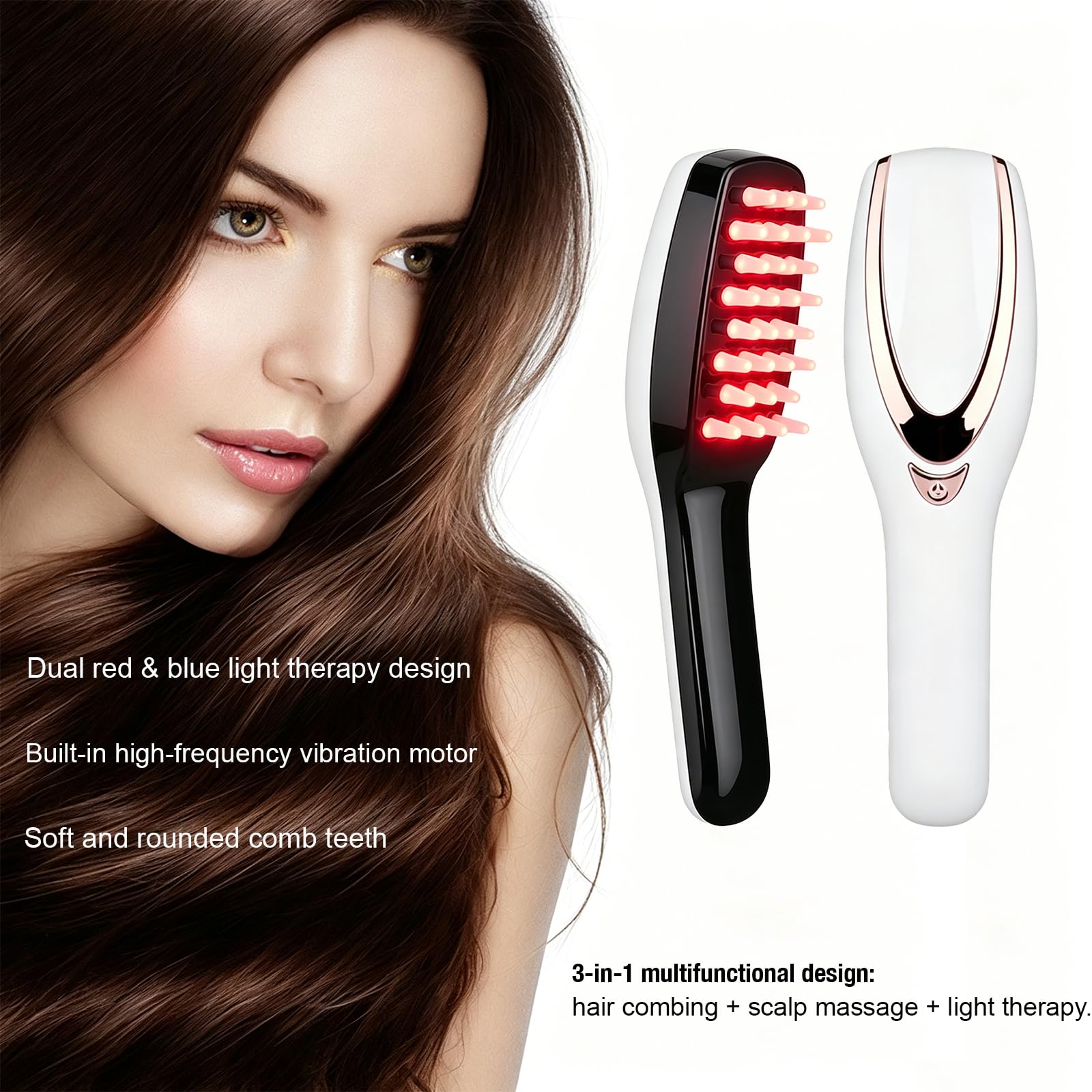 Peine de masaje eléctrico para cuero cabelludo con luz LED roja y azul, 3 niveles de intensidad de vibración, cepillo de pelo recargable con 28 nudos suaves, portátil, para hombre y mujer