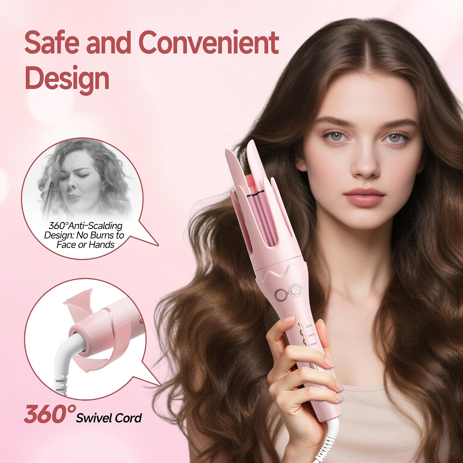 1.4 Inch Automatic Rotating Ceramic Curling Iron for Long Hair, Pink | Auto Hair Curler Wand for Beach Waves, 500M Negative Ions, 4 Heat Levels, Anti-Scald, Tangle-Free, Dual Voltage for Travel