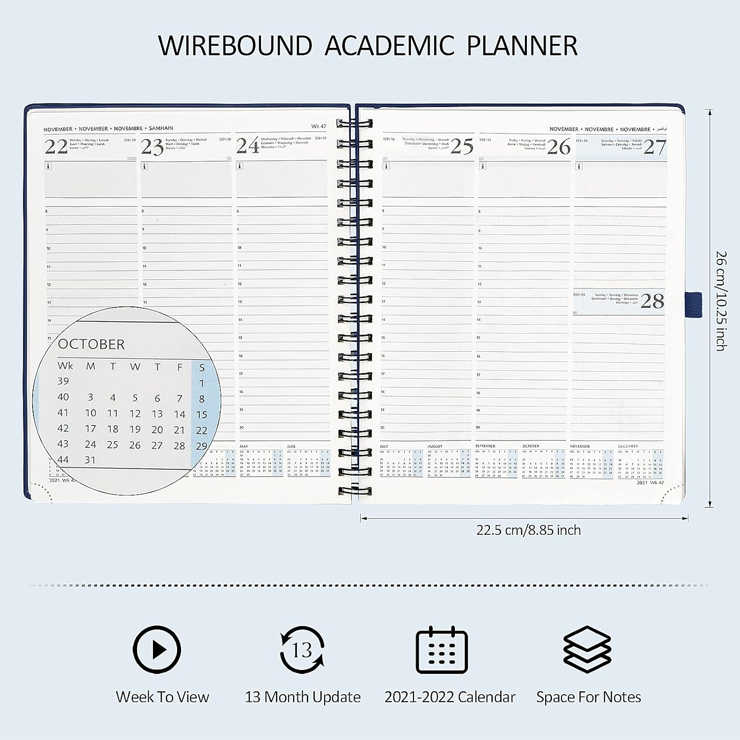 Academic Planner 2021-2022 with Hourly Schedule & Vertical Weekly Layout - Agenda August 2021 - August 2022 with Monthly Calendar, Note & Contact Pages, Hardcover, 8.5" x 10.5", Royal Blue