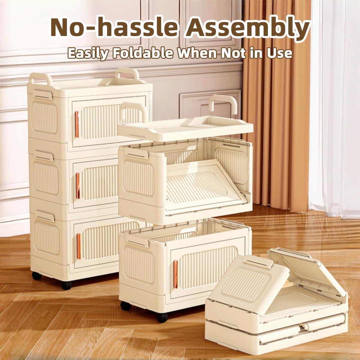 5-Tier Foldable Storage Cabinet with Wheels & Magnetic Doors, Heavy-Duty 23 QT Stackable Storage Bin Organizer, Rolling Cart for Kitchen, Pantry, Dorm