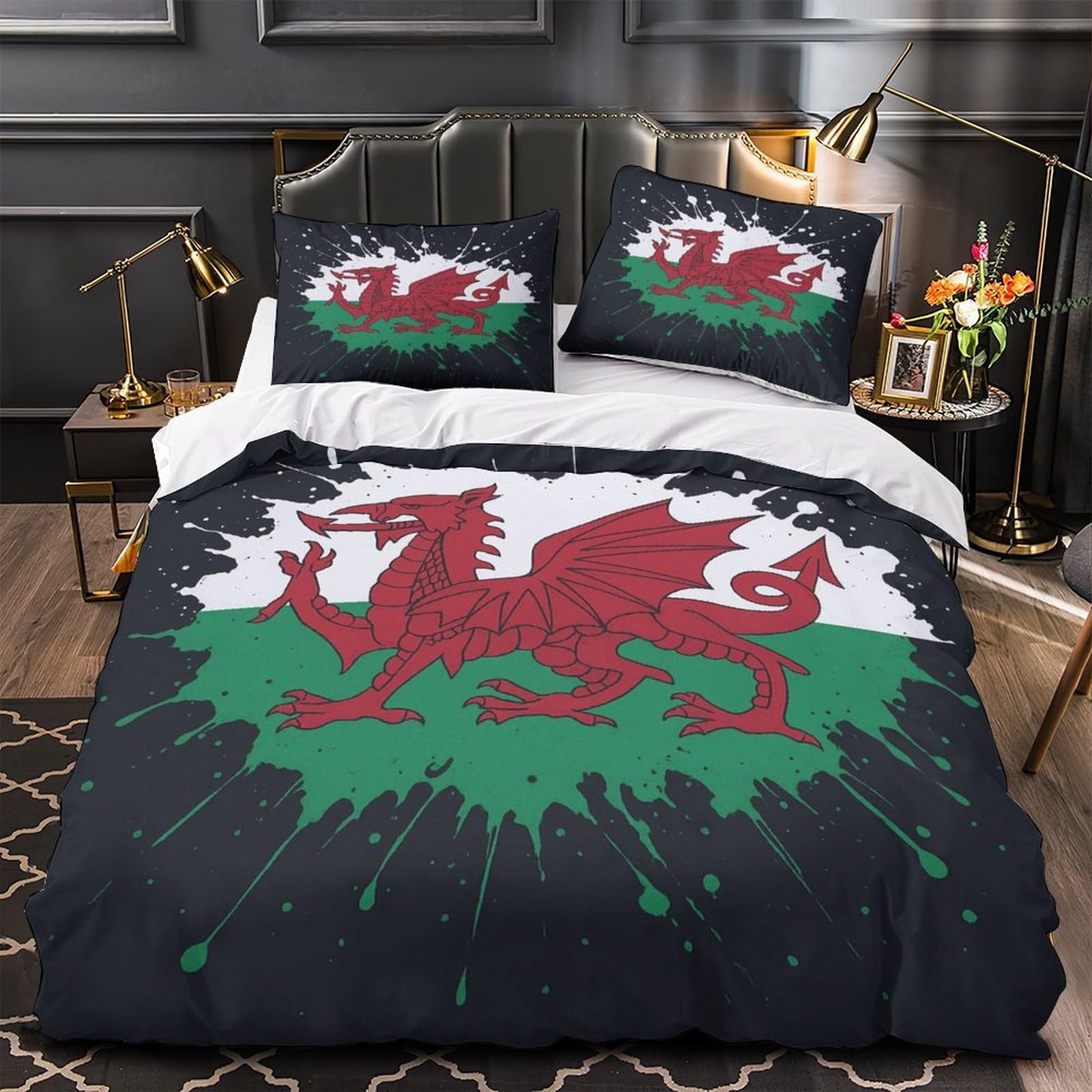 Mmdasbvpe Women's Xzgd7l6ers27 Welsh Dragon Design Duvet Cover 3D Design Printed Extra Soft 3 Pieces Bedding Set Zipper Vibrant Splash Quilt Cover Hotel Quality Washable For Adults Kids Teens Youth Boys King（220X240cm）