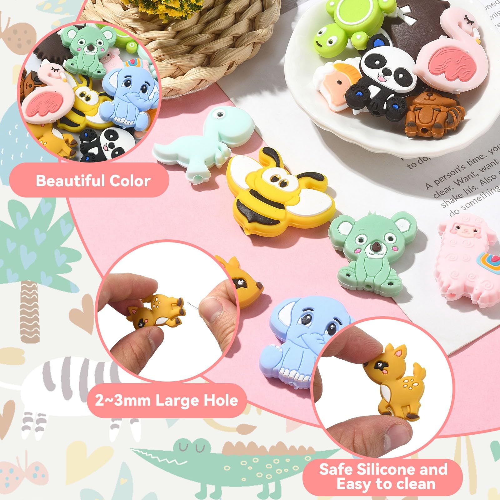UR URLIFEHALL 12 Pcs 12 Styles Animal Silicone Focal Beads Squirrel Dinosaur Koala Insect Beads for DIY Jewellery Making Crafts Keychains - Image 3