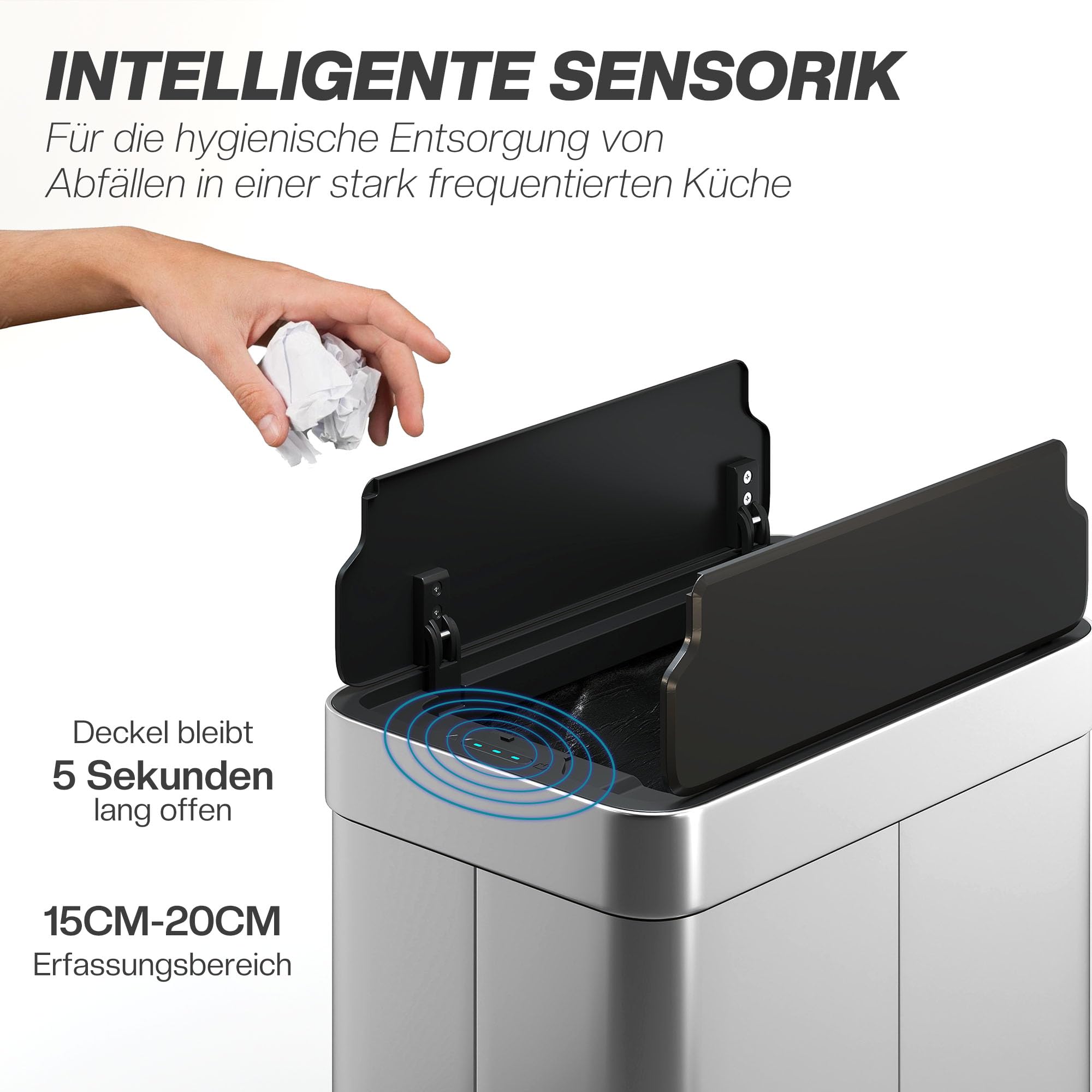 HOMCOM Sensor Mülleimer mit Soft-Close-Schmetterlingsdeckel 55L Silber