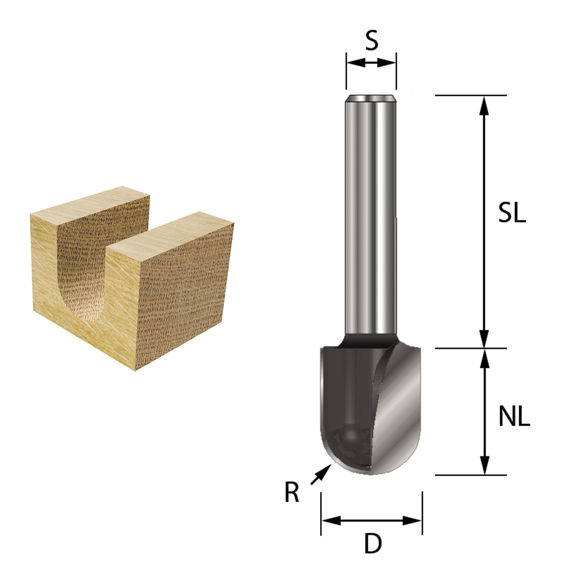 ENT 12580 Obcinak do rynien wodnych w wegliku, chwyt (S) 8 mm, srednica (D) 6 mm, NL 12,7 mm, R 3 mm, SL 32 mm