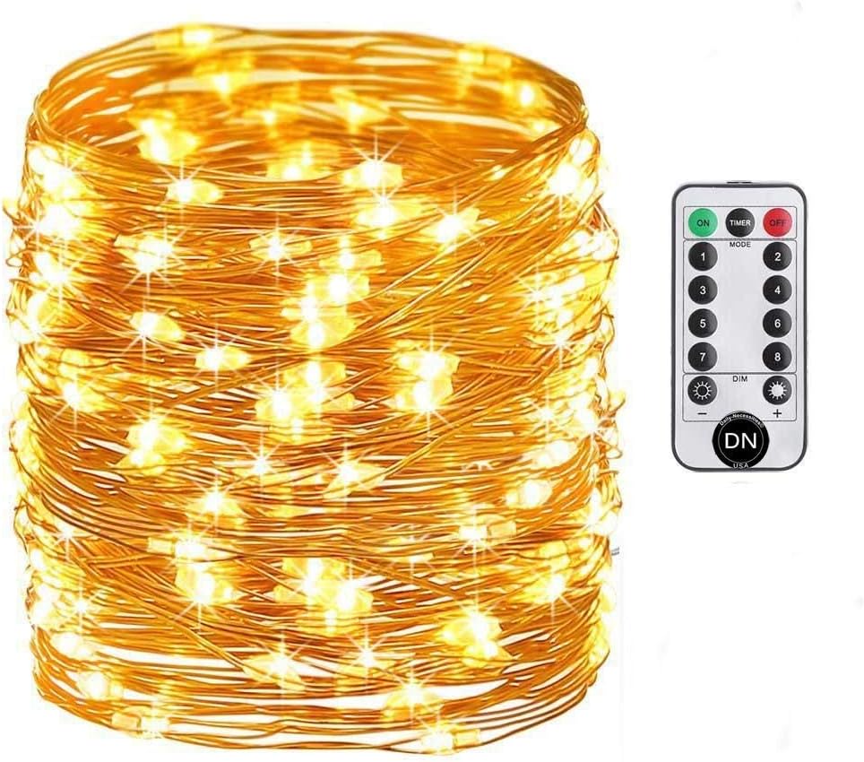 Daily-Necessities Battery Operated String Lights, 33ft 100 LED String Lights Dimmable with Remote Control for Outdoor, Bedroom, Garden, Christmas, Party, Wedding (Waterproof, Copper Wire, Warm White)