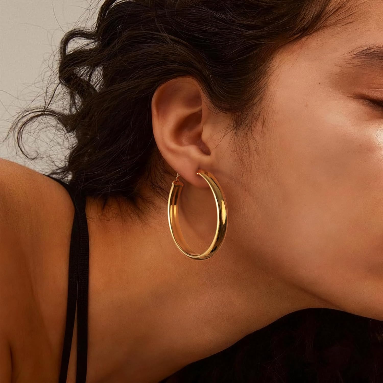 Gold Hoop Earrings for Women 40/50mm – Chunky Lightweight 14K Gold Plated Hoops with Secure Spring Buckle, Hypoallergenic Minimalist Jewelry for Everyday Wear - Image 2