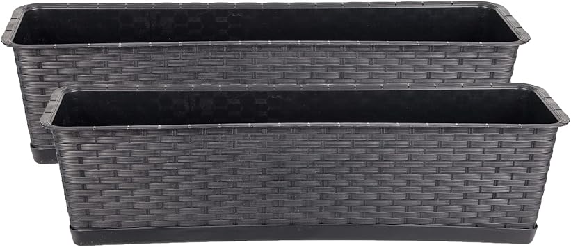 BigDean 2er Set Blumenkasten mit Untersetzer 60 cm lang RattanOptik