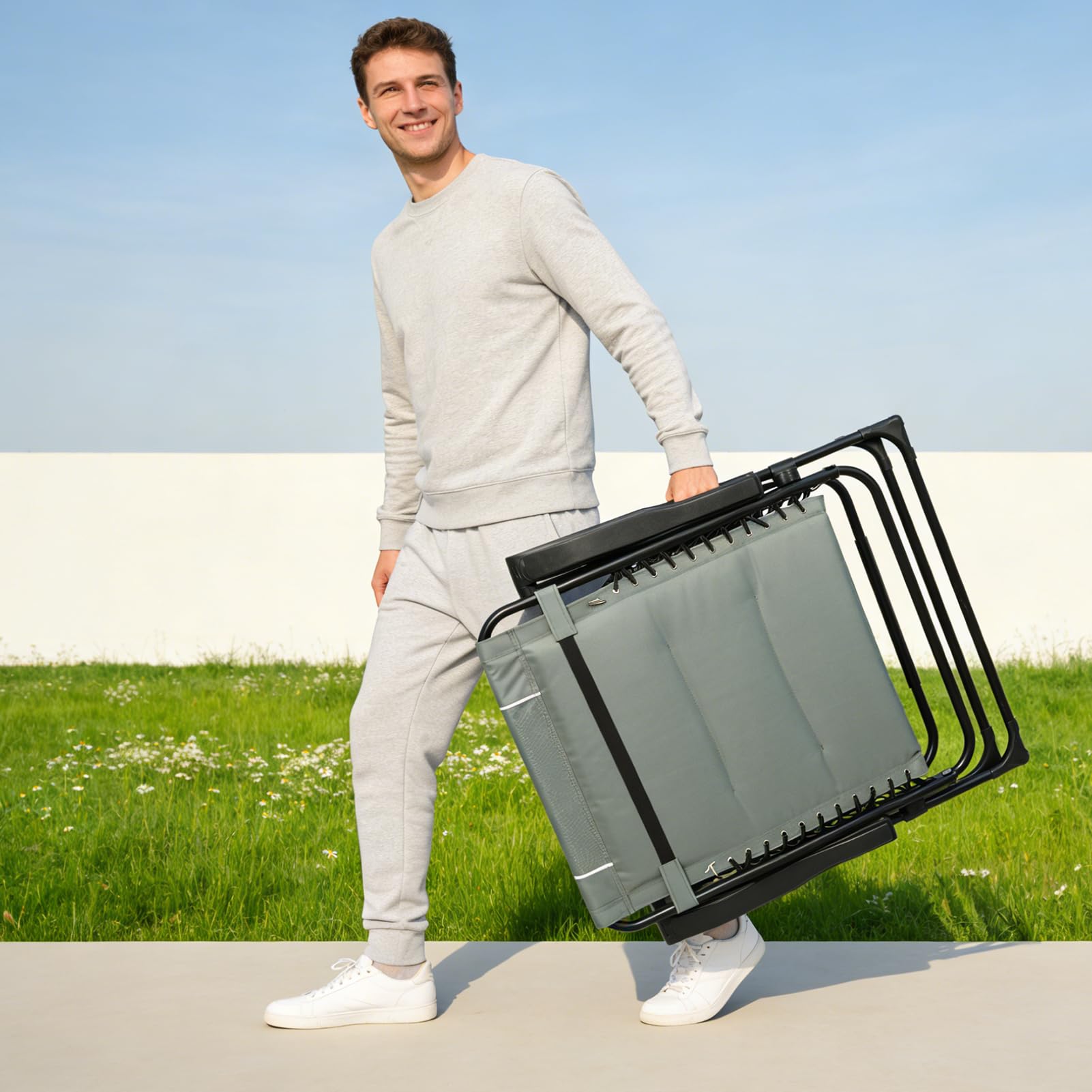 Sonnenliege Liegestuhl Klappbar, 85 cm Extra Breit Gartenliege Klappbare, Gartenstuhl mit Getränkehalter & Nackenkissen, Klappliegestuhl Relaxliege Verstellbarer Rückenlehne, Bis 150kg (Graugrün)