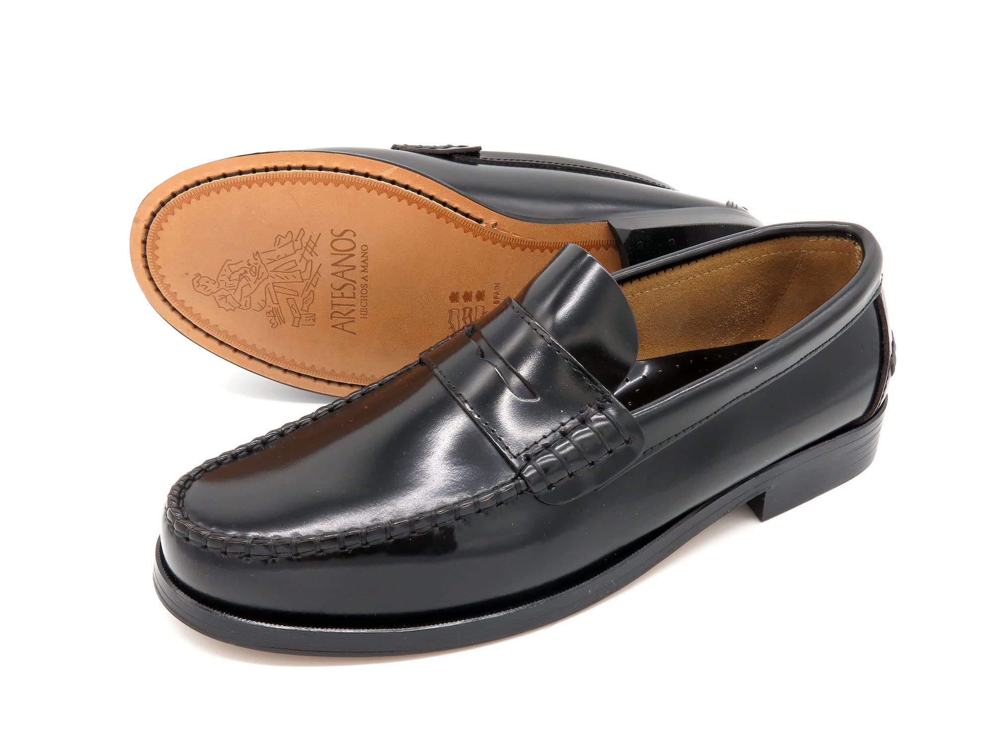 Made in Spain - Scarpe Mocassini Uomo Eleganti Penny-Loafer in Vera Pelle con Suola in Cuoio Cucito 800 Fatto in Spagna