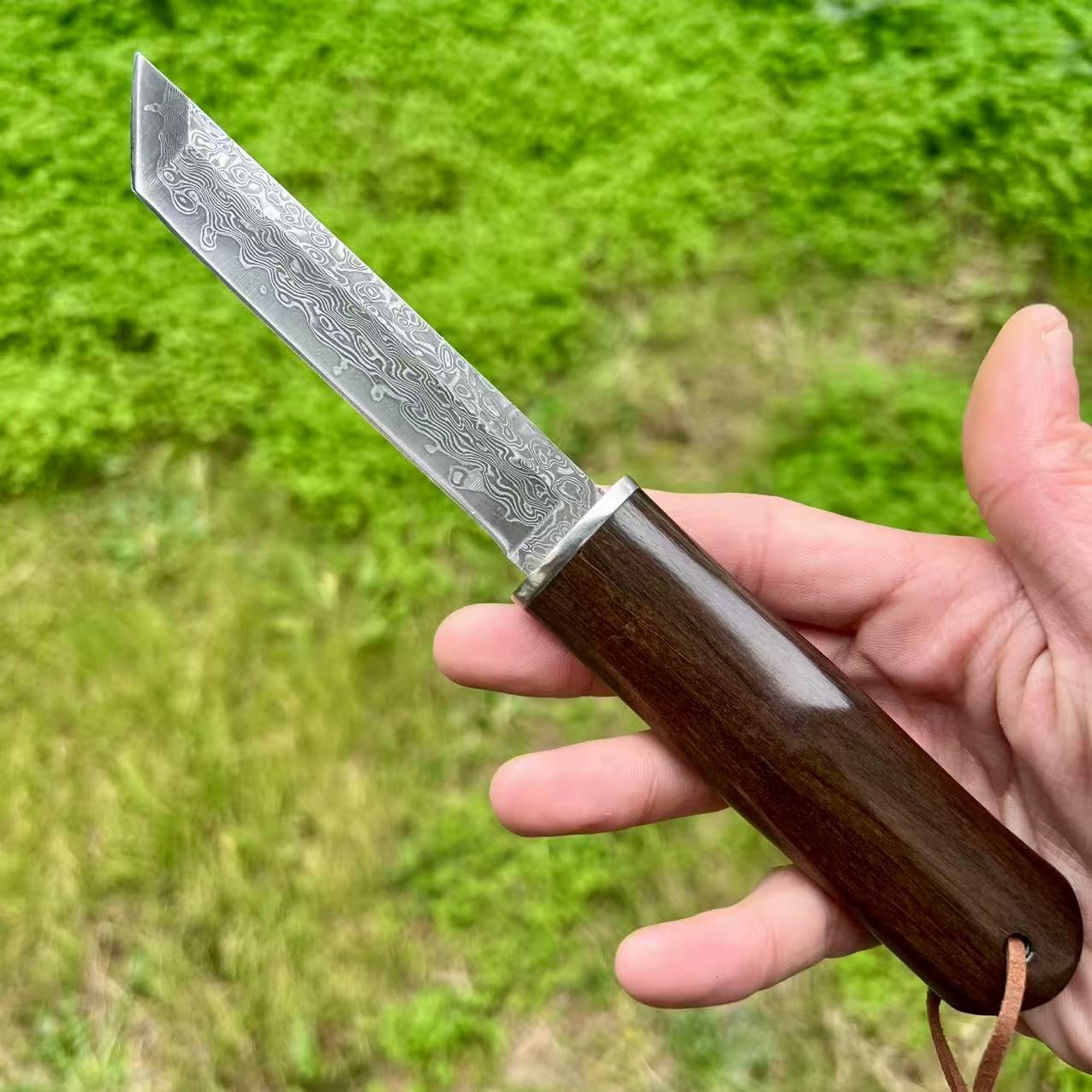 Couteau Lame Fixe Lame Tanto Acier Damas Japonais Suminagashi San Maï Camping Étui Intégral Bois Cadeau Homme Collection Artisanat Randonnée EDC Custom Extérieur Survie Forgé