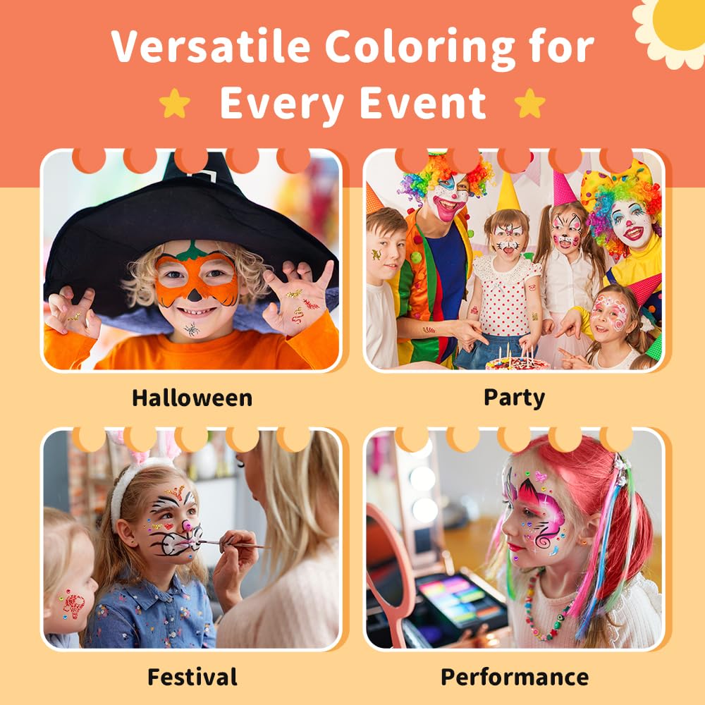 Janolia Palette Maquillage Enfant, 20 Couleurs Peinture Visage Enfant avec 2 Pinceaux, 60 Pochoirs, Peinture Corporelle, Kit Maquillage Enfants pour Carnaval Halloween Noël Cosplay Fête D'anniversaire