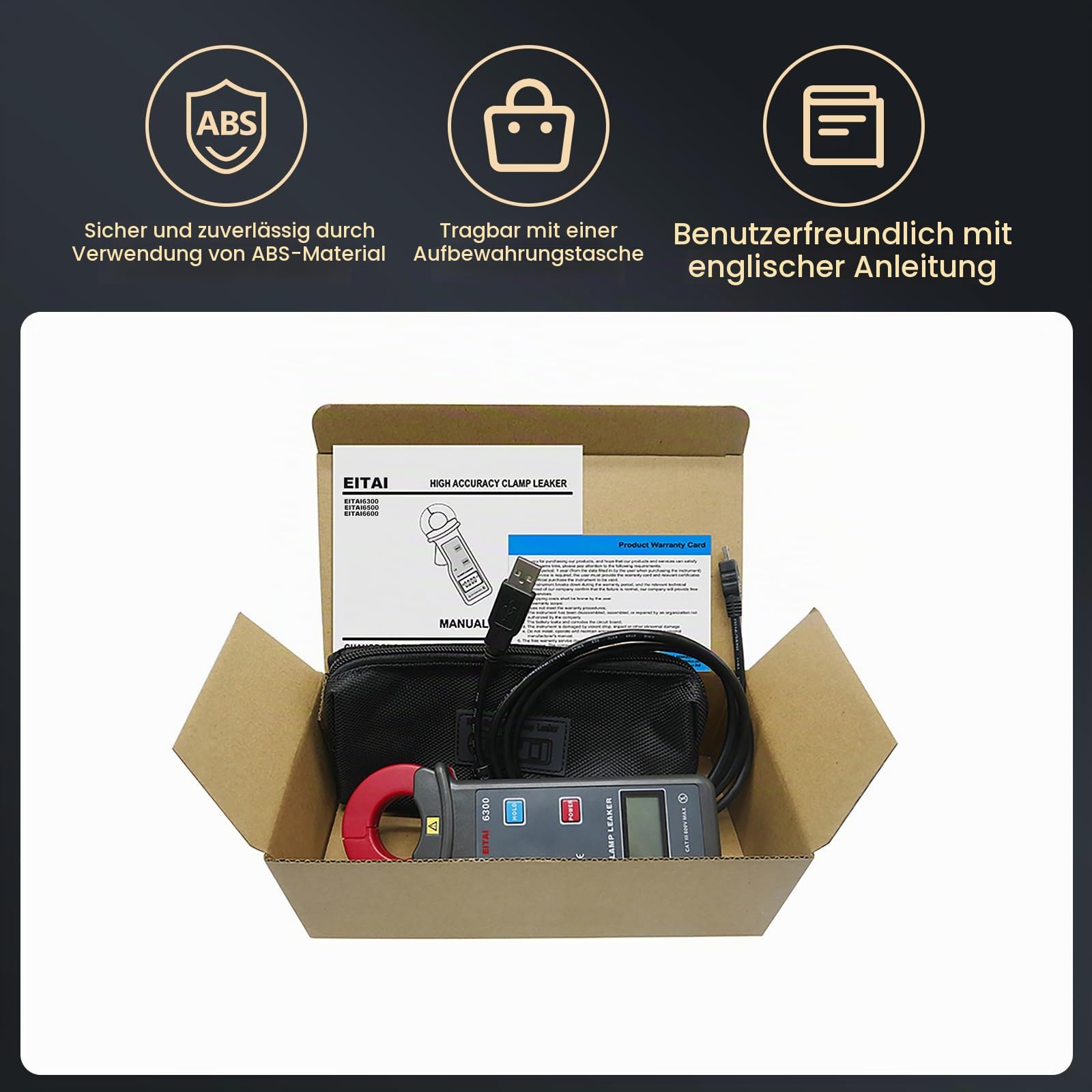 EITAI6300 Digitales Leckstromzange, 1µA Auflösung, 0.001mA-60A, Hersteller-Direktvertrieb, hochpräzise Stromzange, Leakage Low Current Clamp Meter, Amperezange für Leckstrom Erdschluss