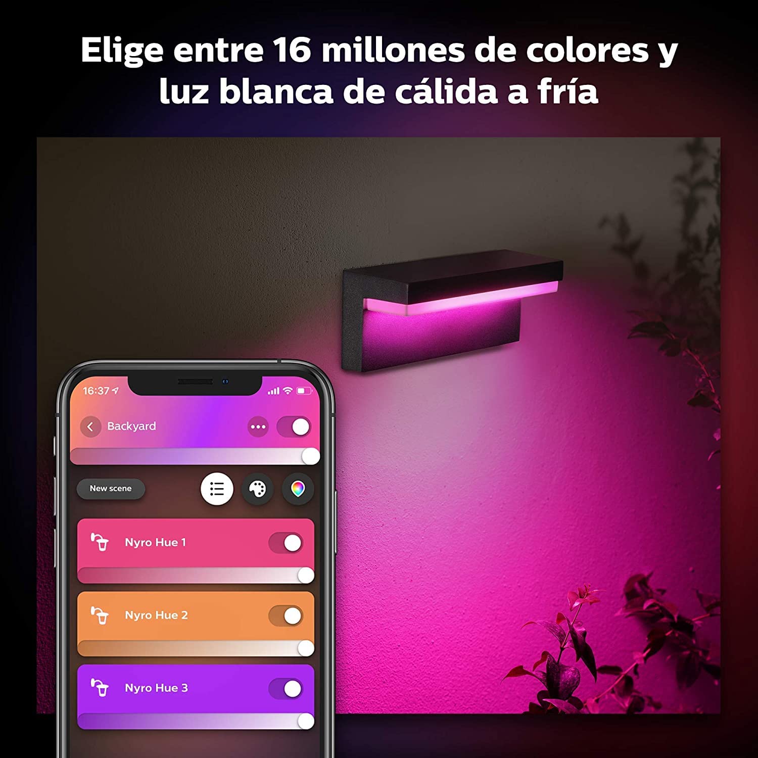 Philips Hue Nyro Aplique Inteligente Exterior LED (IP44), 13.5 W, Luz Blanca y de Colores, Compatible con Alexa y Google Home