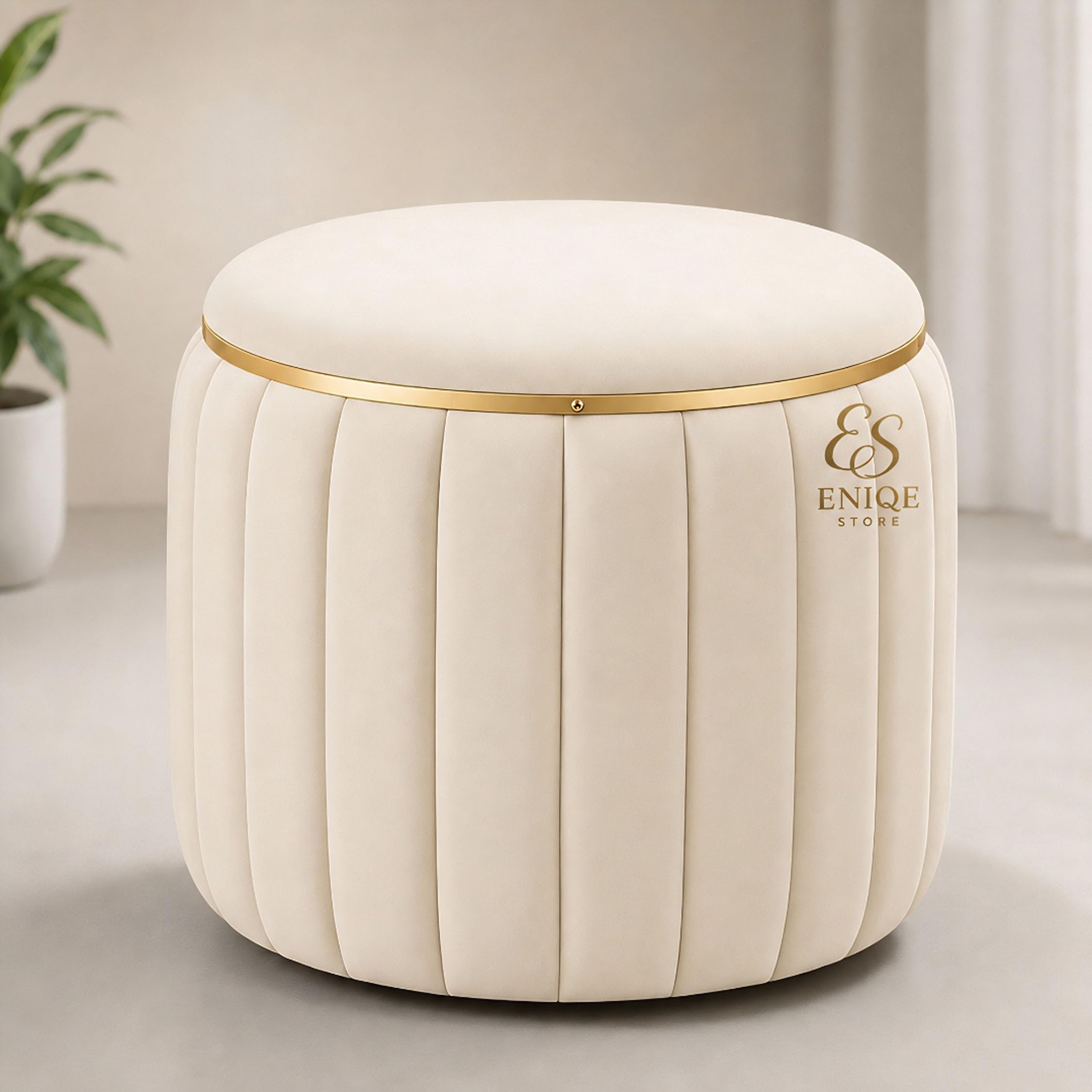 Round Velvet Ottoman Stool for Living Room Bedroom Dressing Table, Pouffe Seat, Foot Rest Stool for Bedroom, Vanity Seat, Modern Upholstered Stool Home Décor Cream (15 x 13 Inch)-image-28