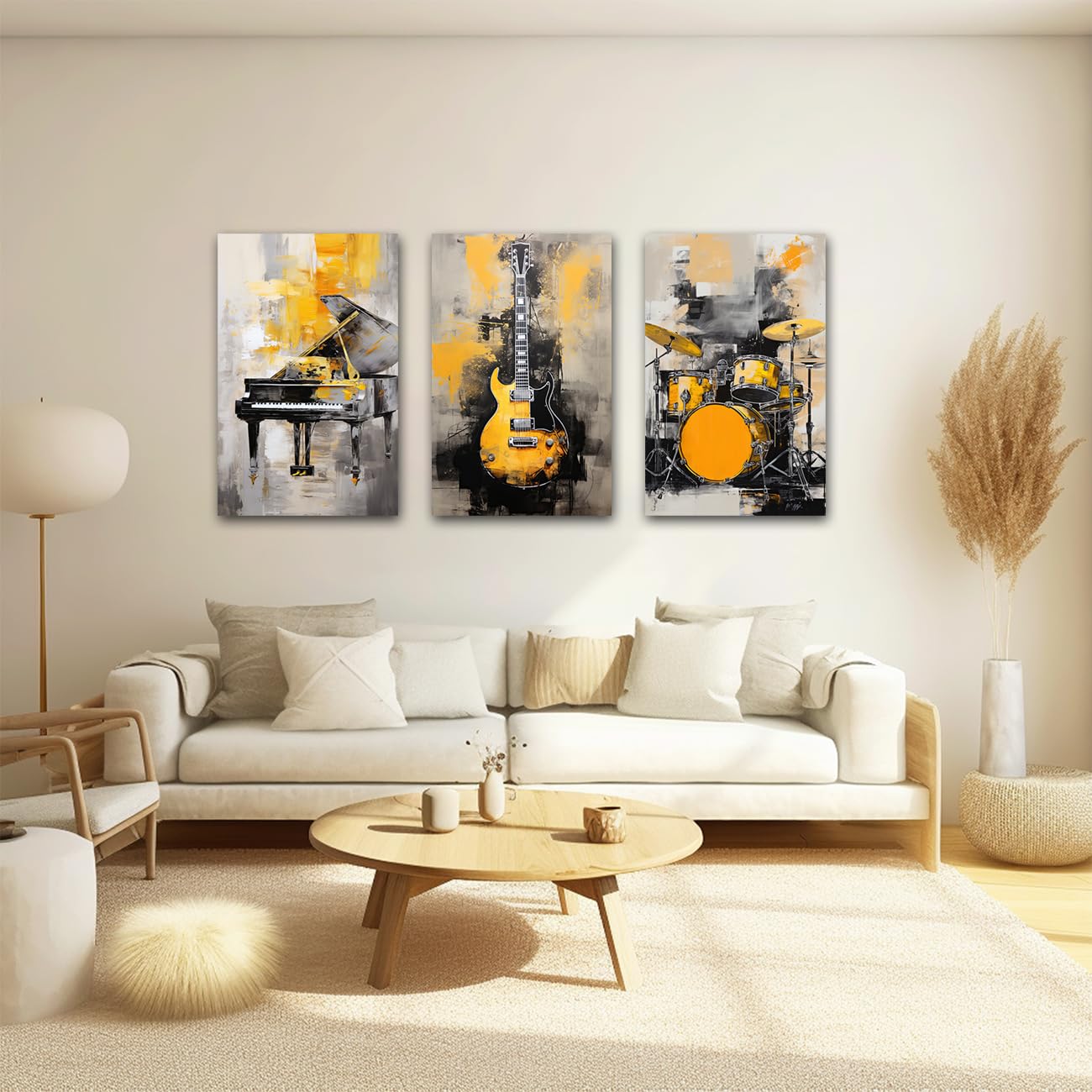 CXHOSTENT Musik Leinwand Wandbilder 3 Panel Klavier Gitarre Regal Trommel Kunstdrucke gelbe und graue Musik Poster abstrakte Musikinstrument Bilder (Music, 40.00 x 60.00 cms x 3PCS)