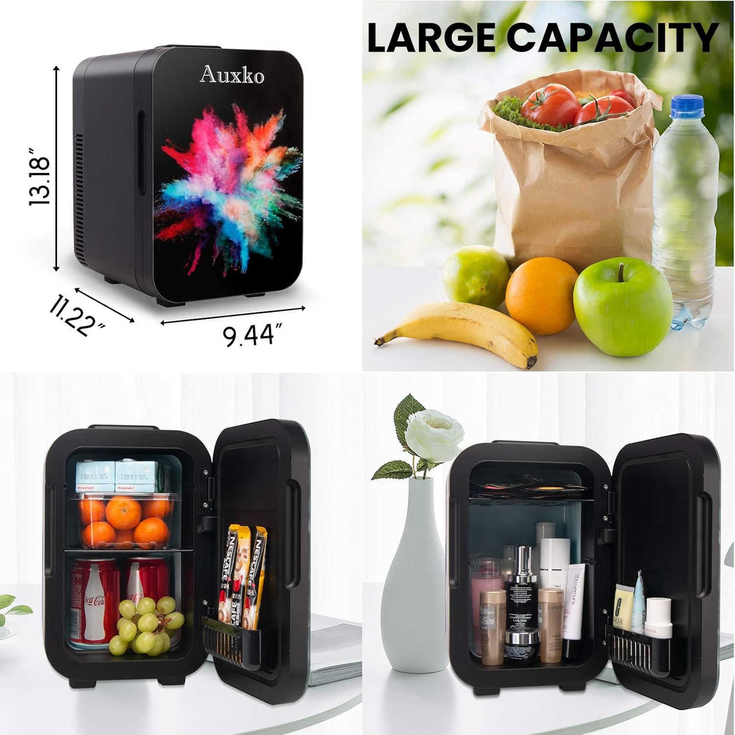 Flash Sale AUXKO Personal Black Mini Fridge 10 Liter/11 Can Portable Small Desk Refrigerator, Compact Cooler and Warmer for Bedroom, Dorm, Office, Nursery, Car, Travel, Food, Drink (Burst Colorful)