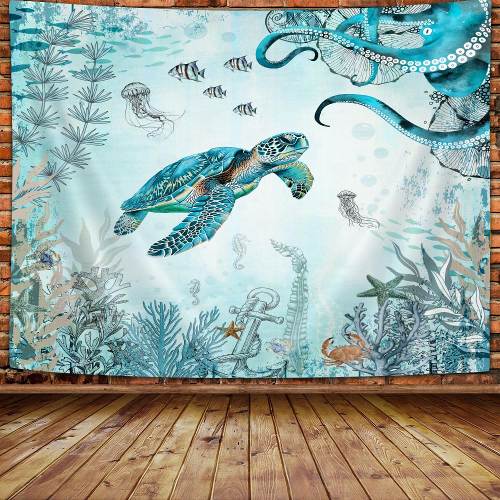 Wathon Sea Turtle Octopus Tapestry Blue Teal Ocean Wall Tapestry for Bedroom, Underwater Animal Seashell Jellyfish Coastal Nautical Tapestries, Sea Wall Art Poster for Dorm Home Decor 60X40IN