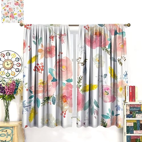 Miniatura 3 de Cortinas de acuarela románticas con estampado floral rosa, bolsillo para barra, cortinas de ventana para dormitorio, sala de estar, 42 x 54 pulgadas