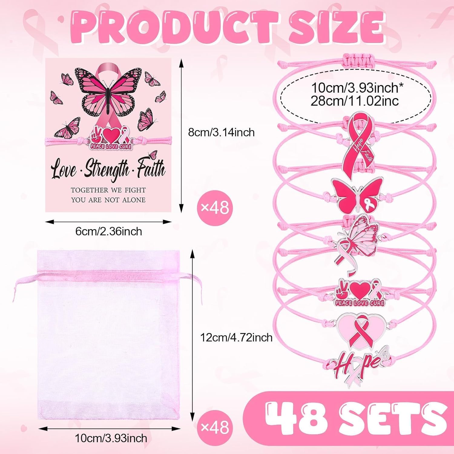 48 Sets Breast Cancer Awareness Bracelets Adjustable Cord Stretch with Cards Organza Bags Pink Ribbon Breast Awareness Bracelets Gifts for Women Cancer Fighters Fundraiser Events Survivors Support - Image 2
