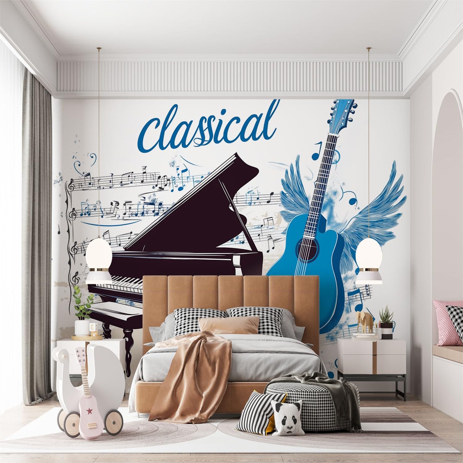 Papel pintado Panorámico Música Piano Guitarra, Papel pintado de pared Gigante Símbolos Musicales, mural moderno personalizado para sala de estar, dormitorio infantil, restaurante, 300 x 210 cm (L x H