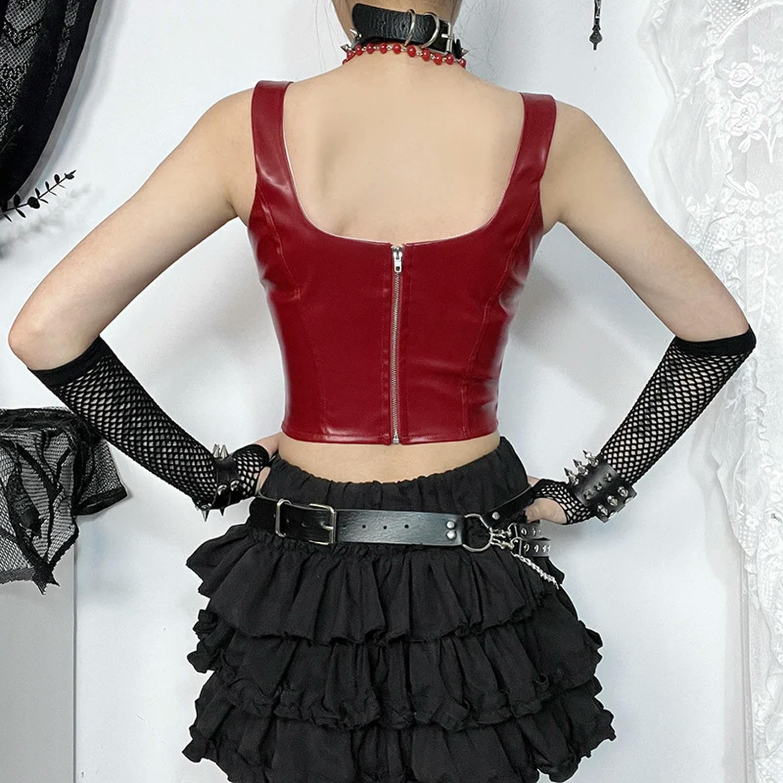 Corsetto con Cerniera Bianca per Donna, Scollo Quadrato, Bustier in Raso, Canotta Elegante, Festa Estiva-Rosso-M