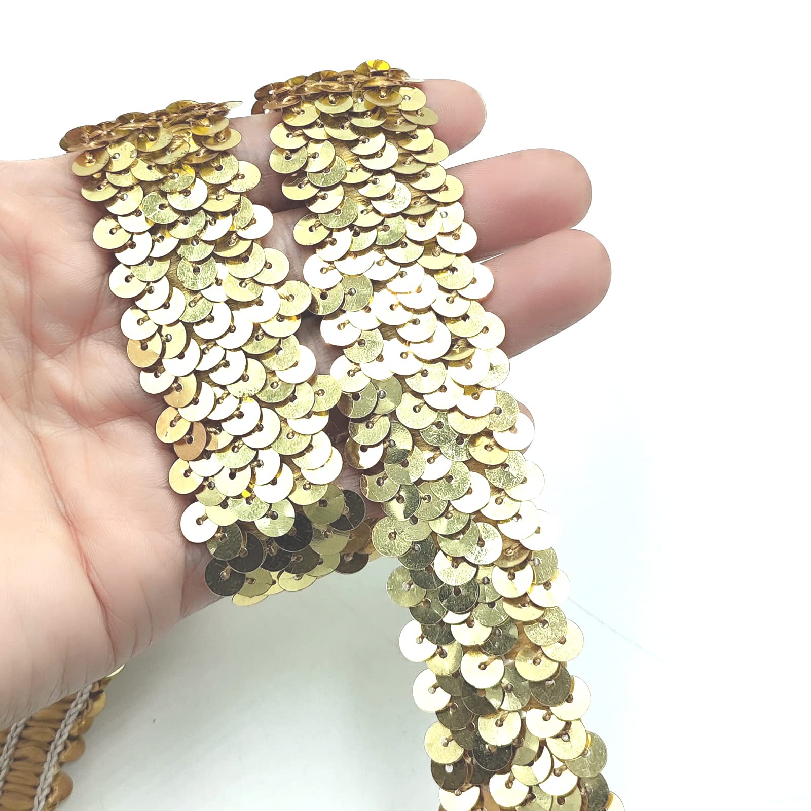 YOOGCORETT 2 Yards Gold Elastic Sequin Ribbon Trim Glitter Metallic Stretch Flat Sequin Ribbon Lace for Sewing, Dress Costume, Wedding Party Embellishments and DIY Craft Supplies 30mm