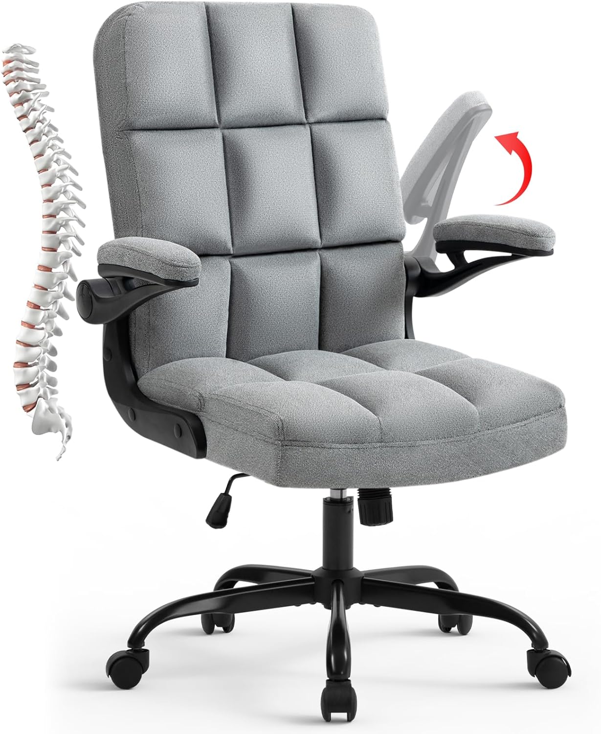 SEATZONE Home Office Chairs Fabric Upholstered Desk Chair with Armrests, Modern Executive Swivel Task Chair for Home Office,Grey