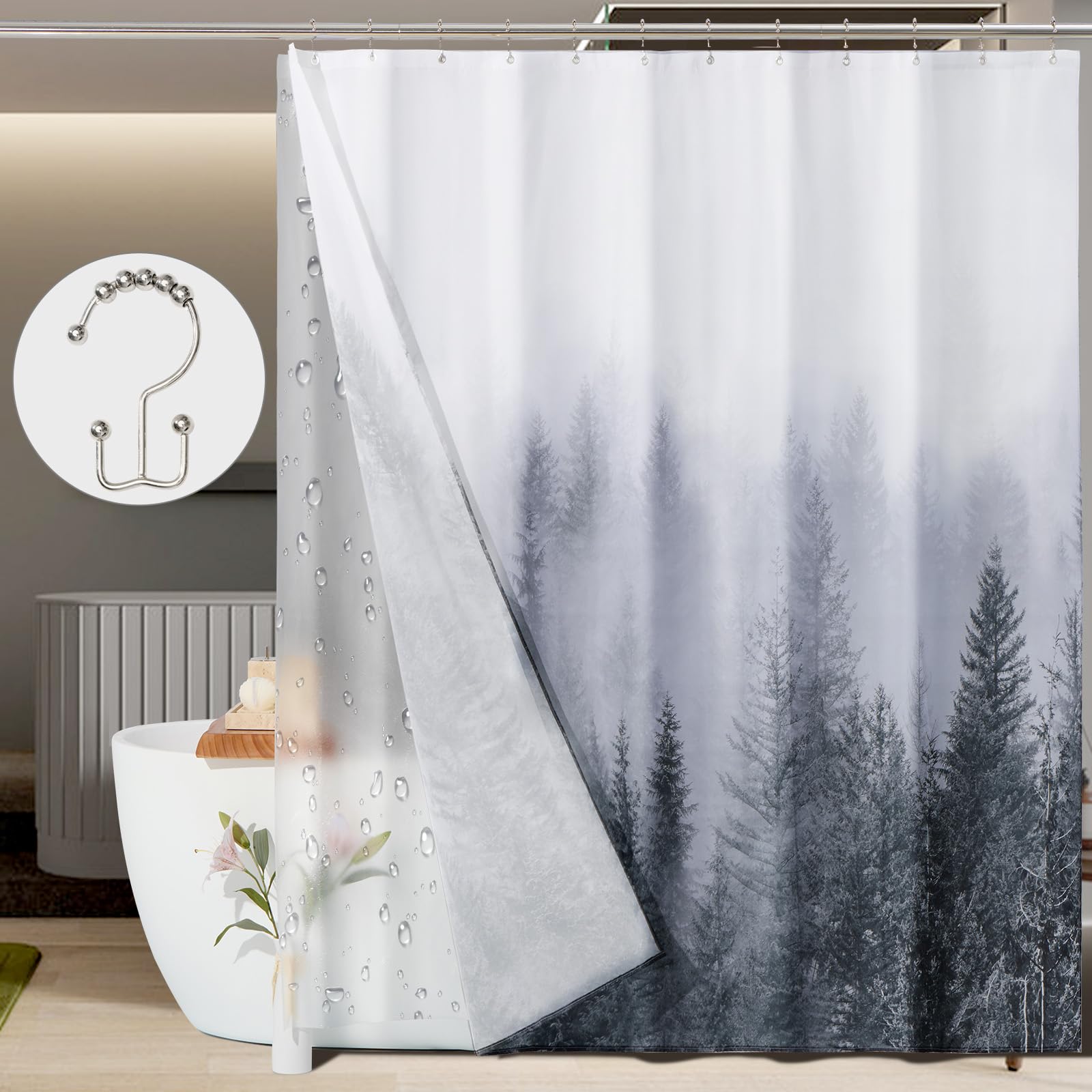 ORTIGIA 3 in 1 Long Waterproof Shower Curtain and Clear PEVA Liner Set 72x84 inch with 12 Double Sided Metal Shower Curtain Hooks, Grey Misty Forest