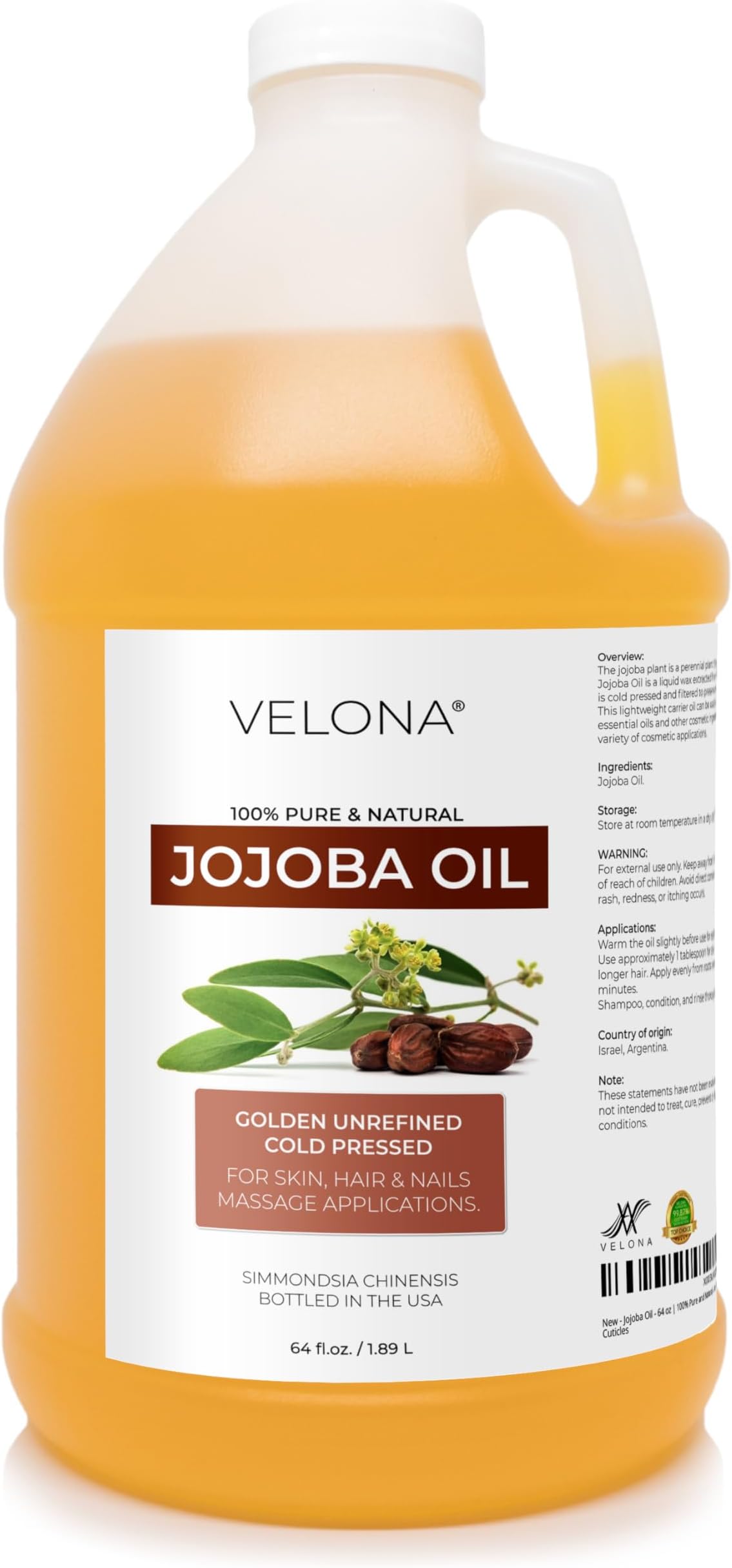 Jojoba Oil - 64 oz | 100% Pure and Natural | Golden, Unrefined, Cold Pressed, Hexane Free | Moisturizing Face, Hair, Body, Skin Care, Stretch Marks, Cuticles