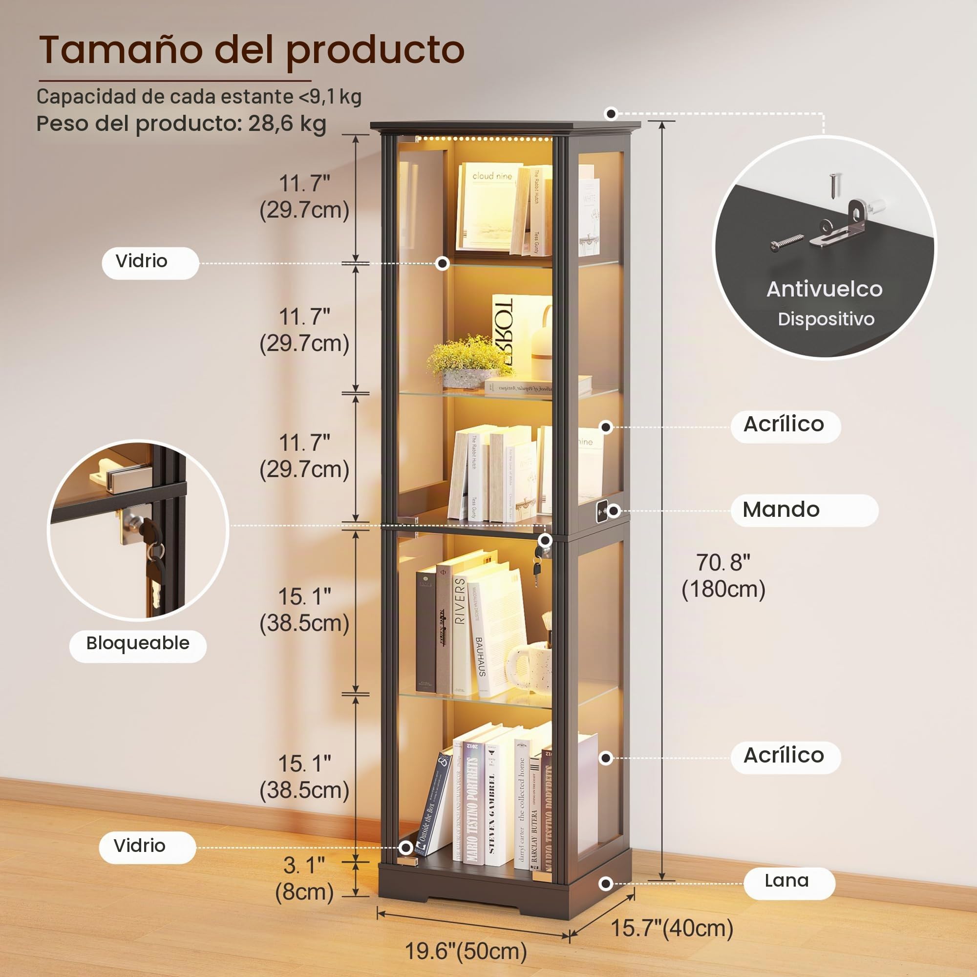 180 CM Vitrinas de Cristal LED y Partición Ajustable para Salón,Blanco | Vitrina esquinera con puerta de cristal con cerradura para Sala de estar,Vitrina con sensor de movimiento y cristal templado