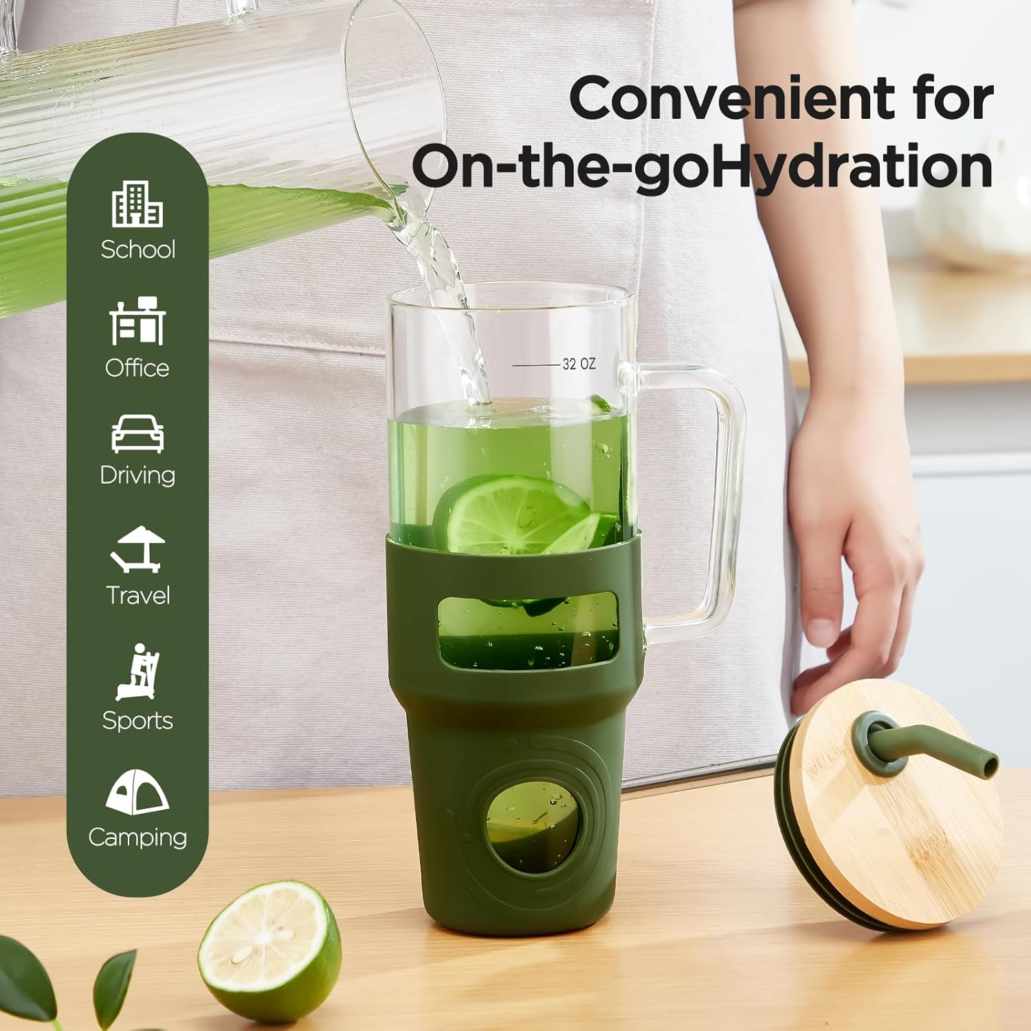 Glass Tumbler with Straw and Lid, 32oz Reusable Iced Coffee Tumbler with Handle Green, Glass Water Bottles Fit in Cup Holder, Smoothie Cup with Lid, Clear Water Bottle with Straw - Image 8