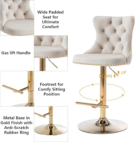 Miniatura 5 de Aoowow Juego de 2 taburetes de bar giratorios ajustables con parte trasera de terciopelo copetudo, sillas de bar modernas tapizadas con cabeza de