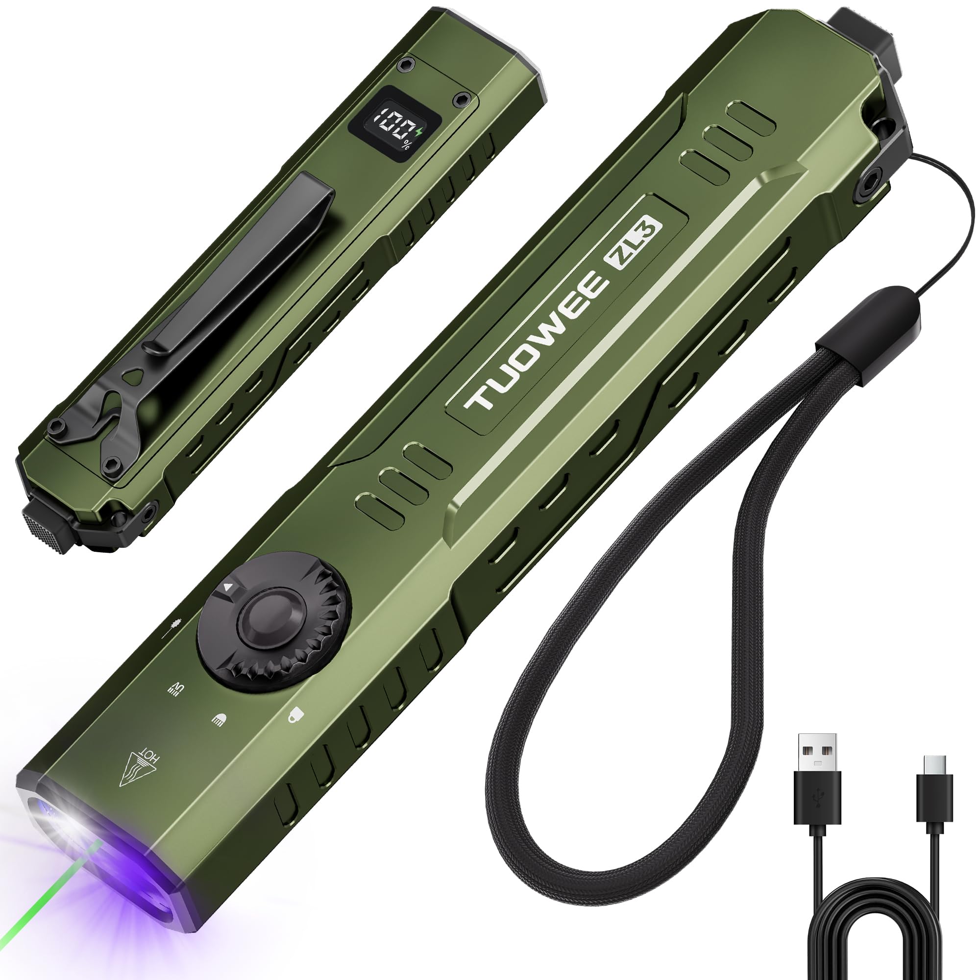 TUOWEE LED Torch Rechargeable, 1200 Lumens Flat EDC Torch with UV Light, Dual Switches, Digital Display, Waterproof Pocket Torch for Outdoor, Home & Emergency