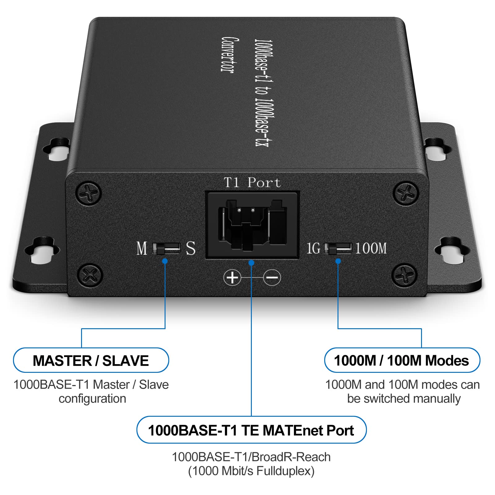 Convertidor de Medios 1000BASE-T1 a 1000BASE-TX | Convertidor Ethernet Automotriz 2-Hilos (BroadR-Reach) | Compatible IEEE | 1000Mbps | con Cable UTP + Fuente 12V | para Pruebas & Diagnóstico ECU