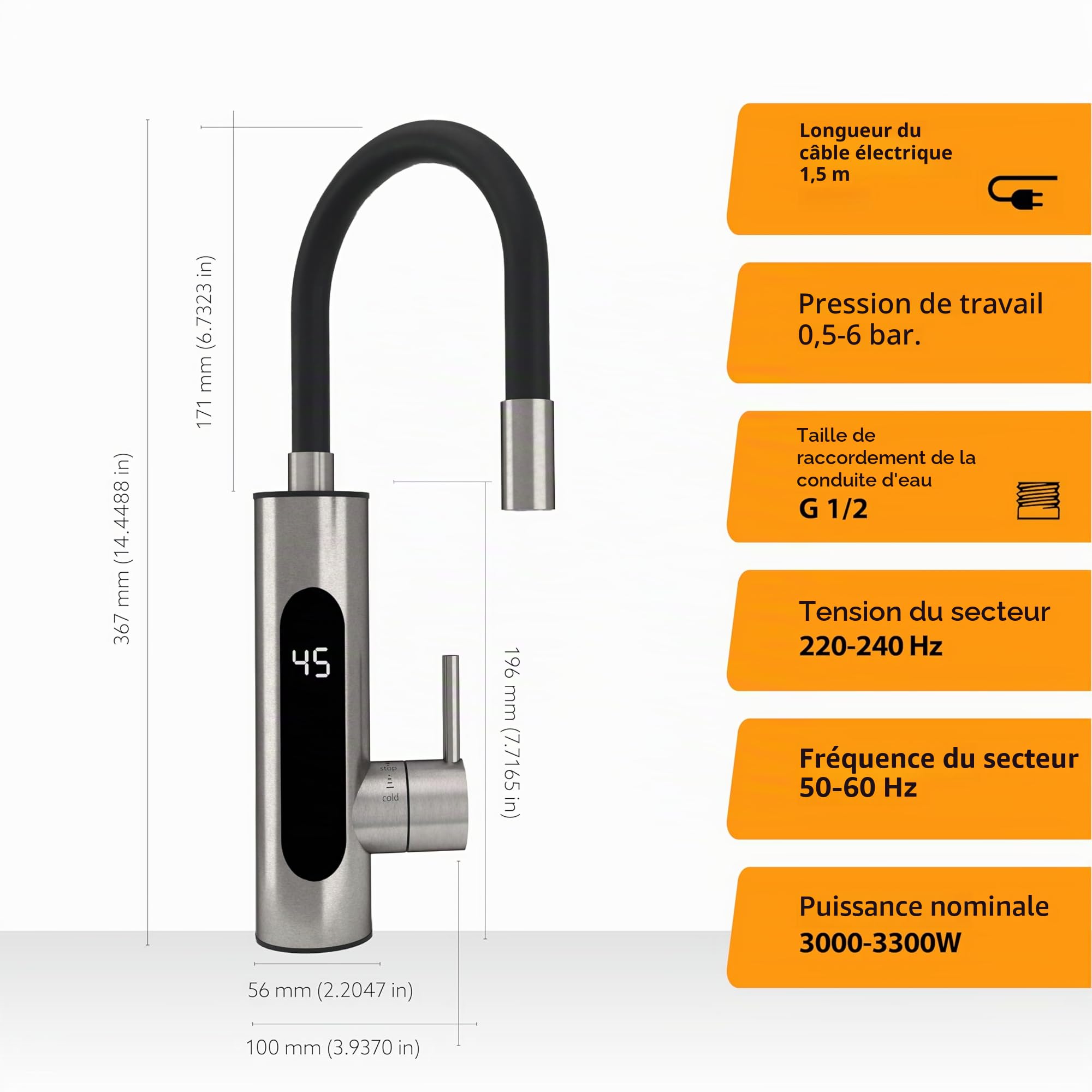 HOGART Robinet électrique avec chauffe-eau instantané 230 V pour cuisine, jardin, salle de bain, caravane, camping, 2 embouts, chauffage intelligent, robinet avec chauffe-eau instantané, robinet d'eau