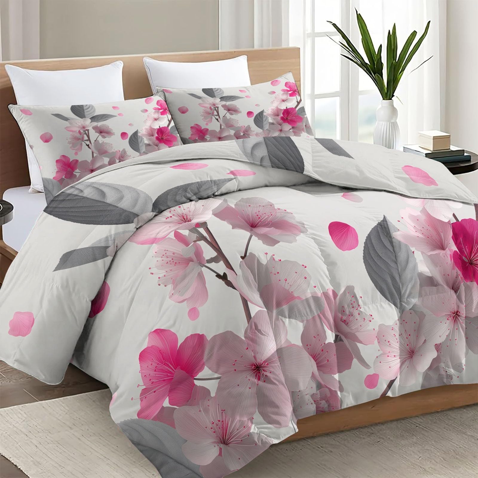 King - Set copripiumino lavabile con 2 federe, 4,5 Tog, grigio e rosa, per tutte le stagioni, leggero, caldo, motivo piante 3D, motivo fiori e foglie, 200 x 220 cm