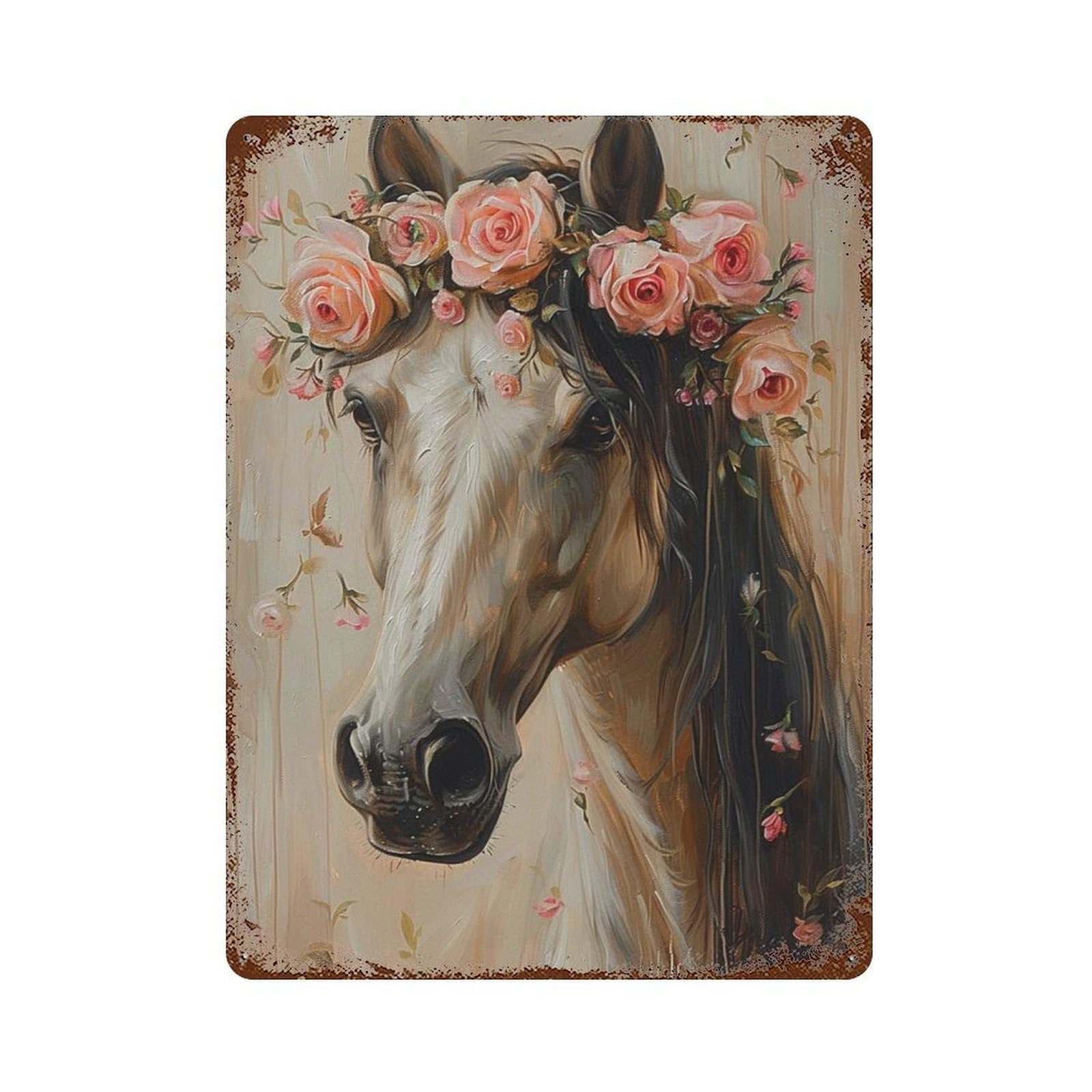 Horse with Flowers Art Print Vintage Rust Metal Sign 15.7"x11.8", Shabby Chic Decor for Shed, Workshop And Garage Wall Decor