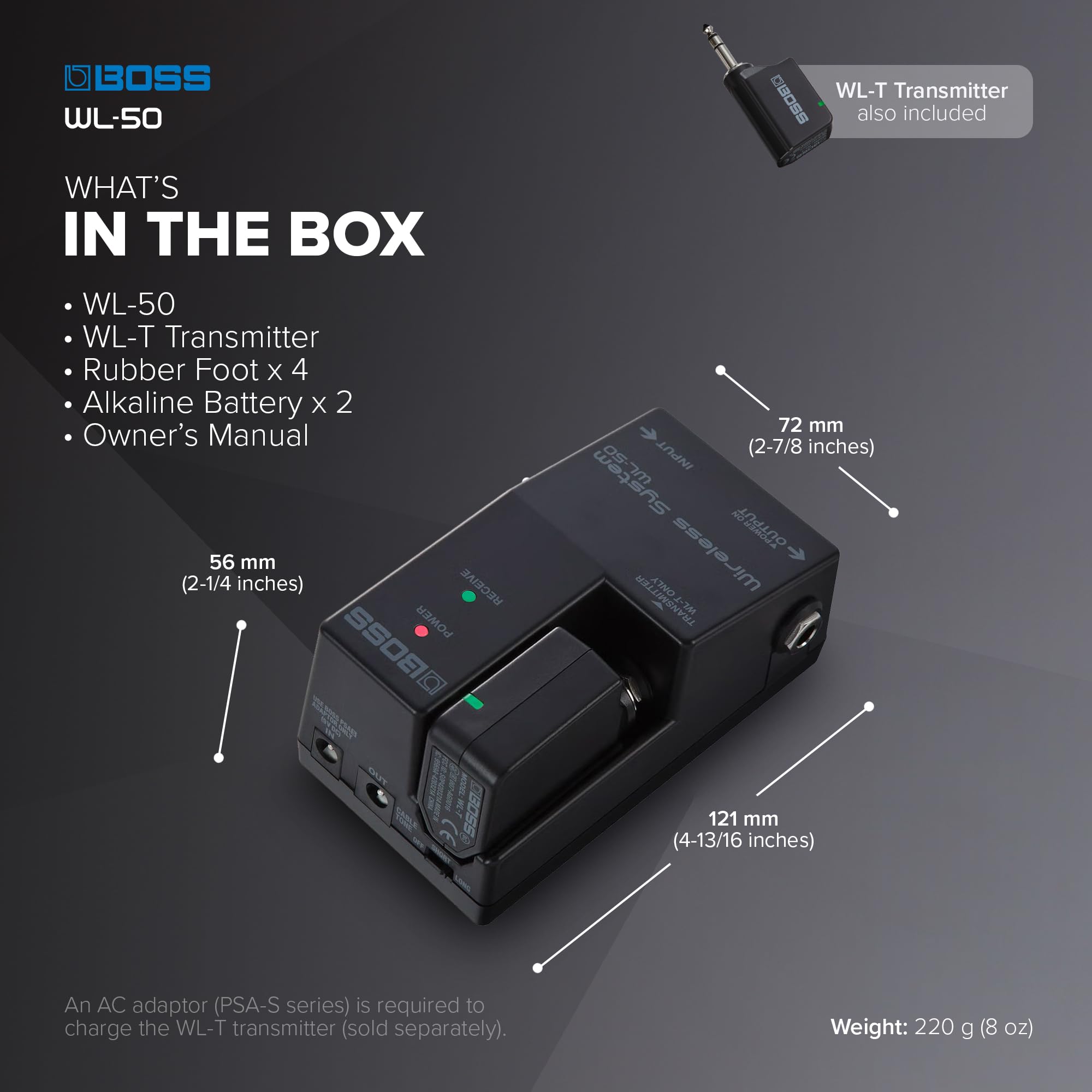 BOSS WL-50 Cavo virtuale wireless per pedaliere | Sistema wireless plug-&-play in formato pedale | Per la chitarra, il basso e altri strumenti elettronici | Simulazione del suono del cavo integrata