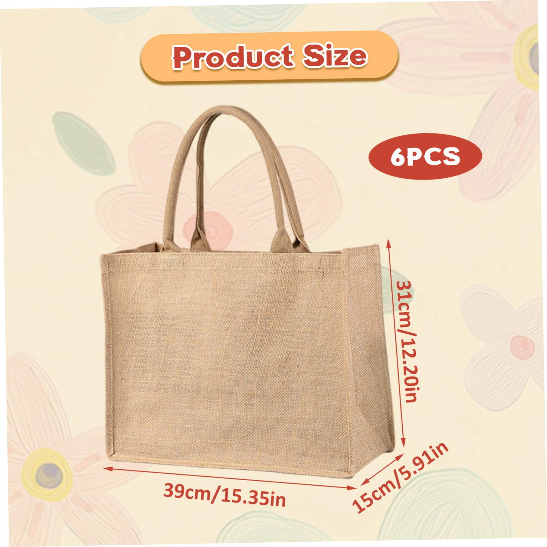 Borsa di tela, Borsa di iuta 6 pezzi 12x15x5, 5 pollici Tela resistente con manico per la spesa, la spesa, il matrimonio, gita