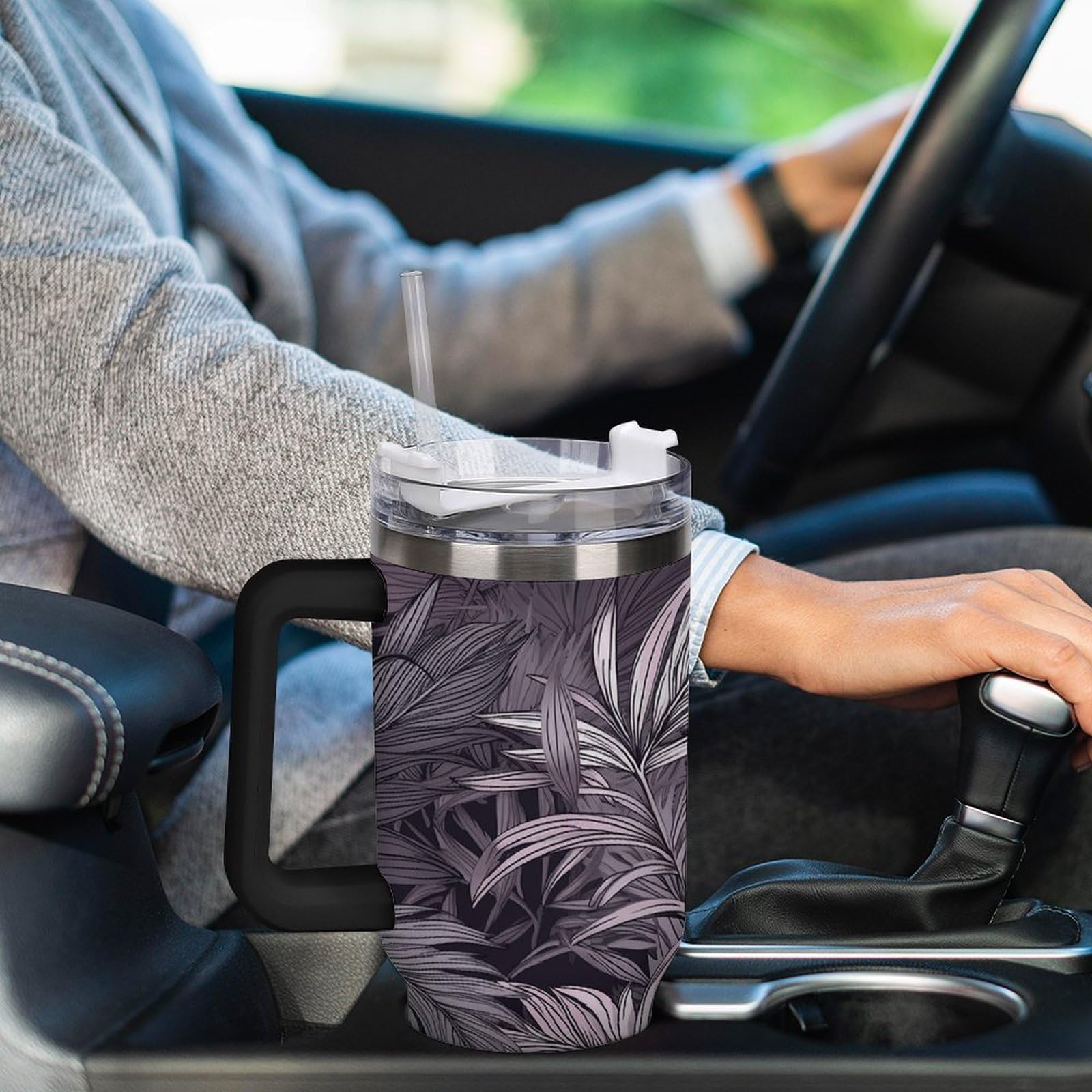Tazas de hojas de palma moradas con popote y asa, taza de café con aislamiento al vacío de doble pared, botellas de agua para café helado, té, bebida caliente y fría