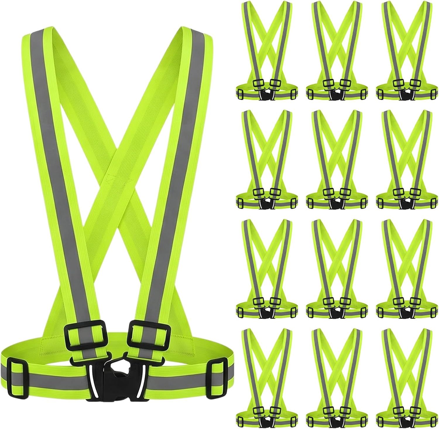 12 Packs High Visibility Safety Vest, Reflective Vest Adjustable Elastic for Men Women, Lightweight Breathable Polyester, Hi Vis Reflective Strips for Construction Running Cycling Walking