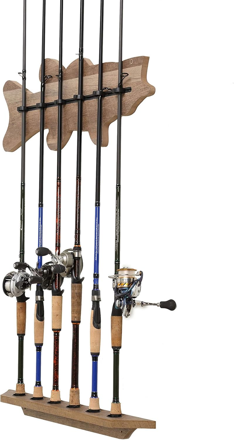 Old Cedar Outfitters Fish-Shaped, Vertical Wall Rod Rack for Fishing Rod Storage Distressed,Bass