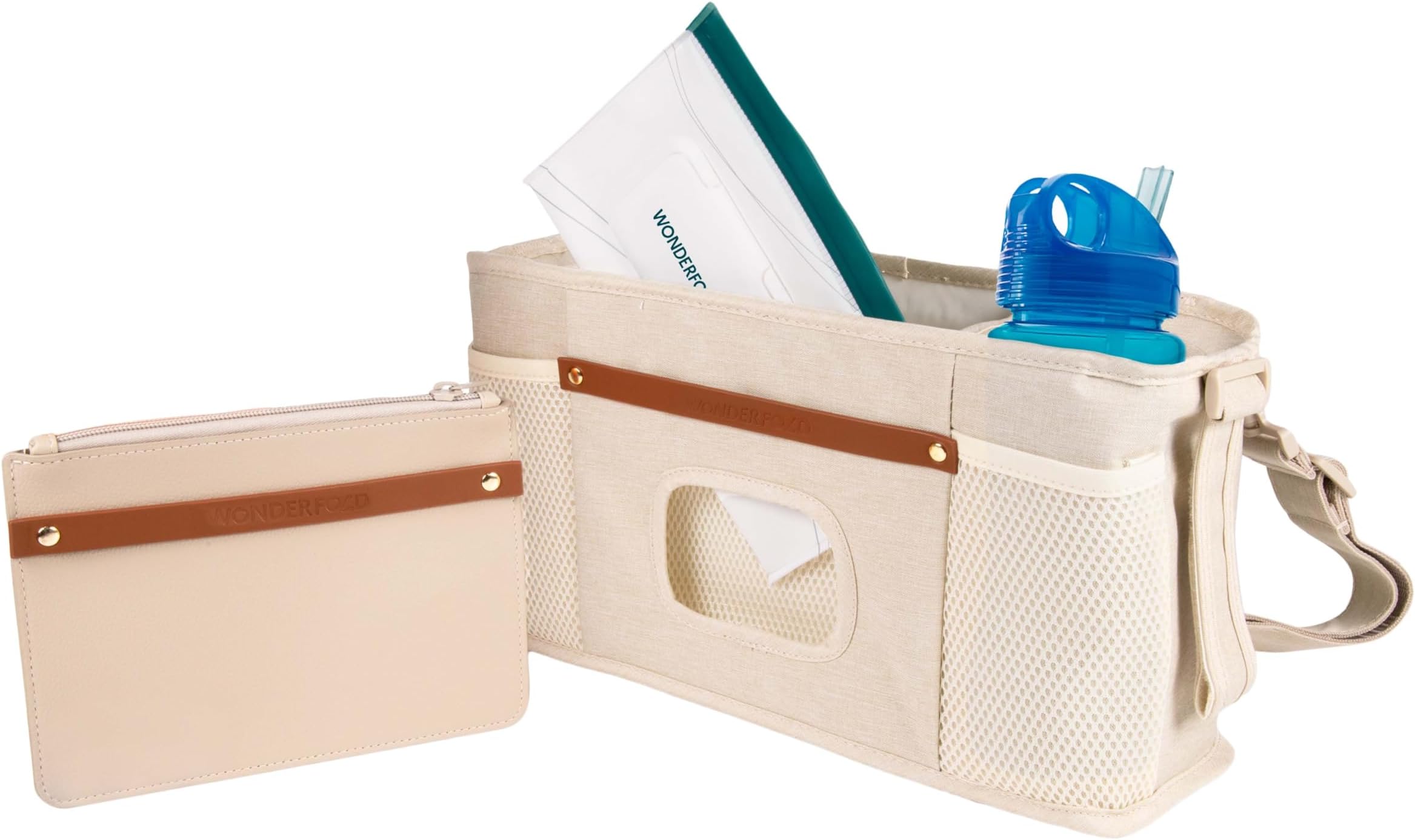 WONDERFOLD Universal Parent Console Stroller Organizer with Insulated Cup Holders, Hook & Loop Closure Handle Attachment, 2 Storage Pockets, Removable Shoulder Strap for Easy Transport